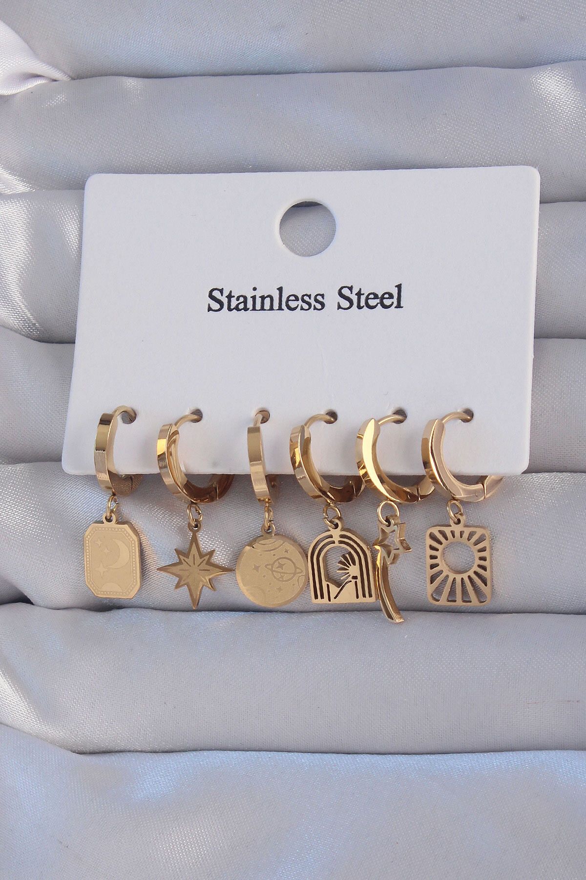 melfxxl eticaret 316L Çelik Gold Renk Yıldız Figürlü Tarot Model Halka Küpe Seti - Lisinya