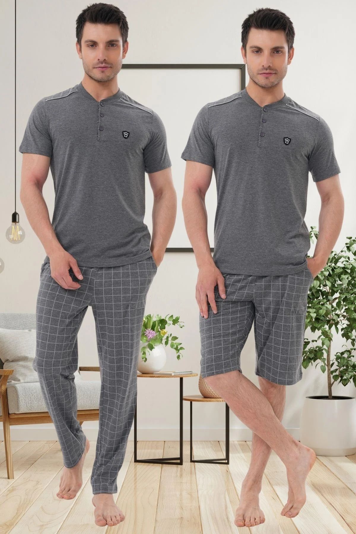 LOHOUSE Erkek Füme Yarım Düğmeli Kısa Kol Büyük Beden Pijama ve Şort 3'lü Takım