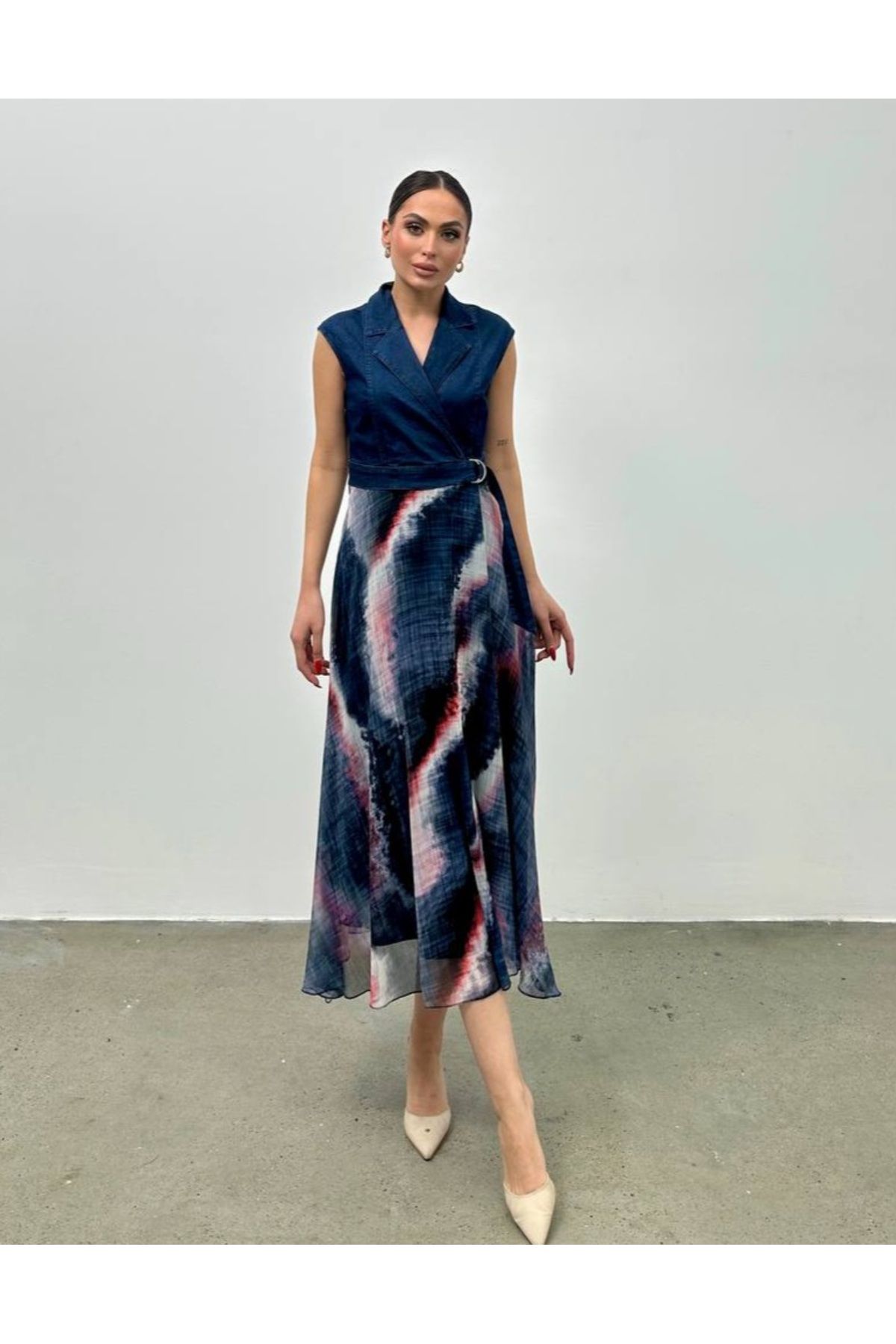 STEPS Üstü Denim Altı Desenli Şifon Elbise