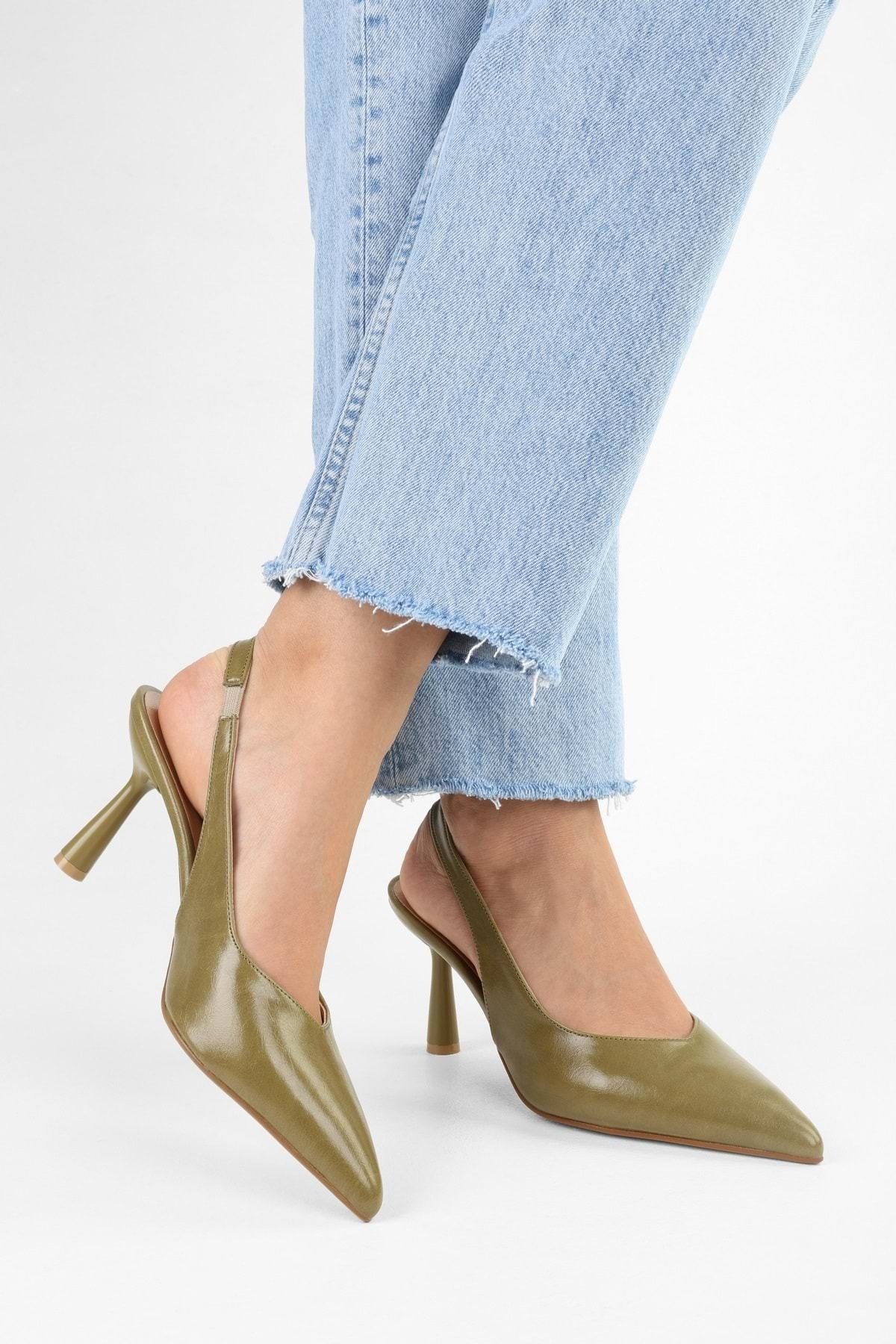 Shoeberry Kadın Alora Yağ Yeşili Cilt Stiletto