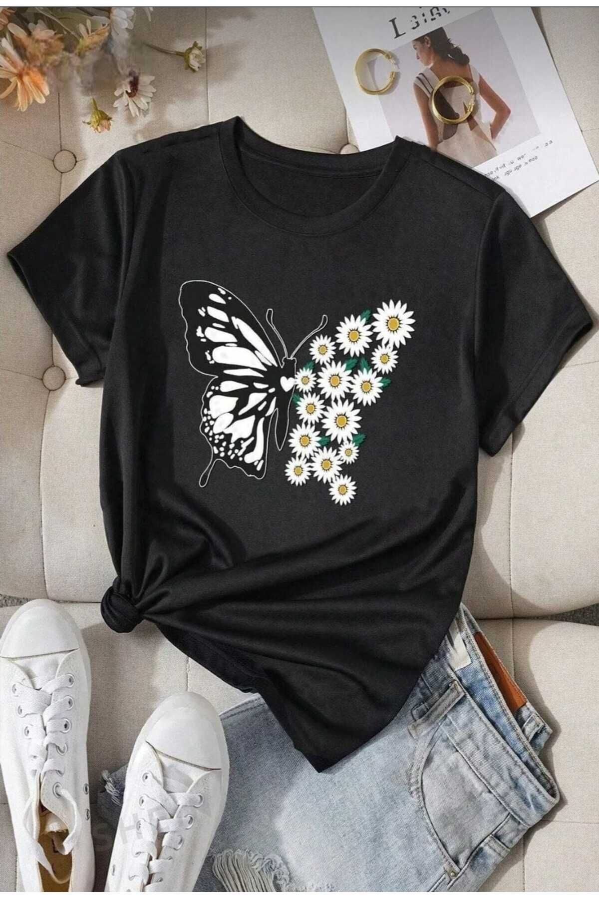 TekTarzz Pamuklu Papatya Kelebek Tasarım Tshirt