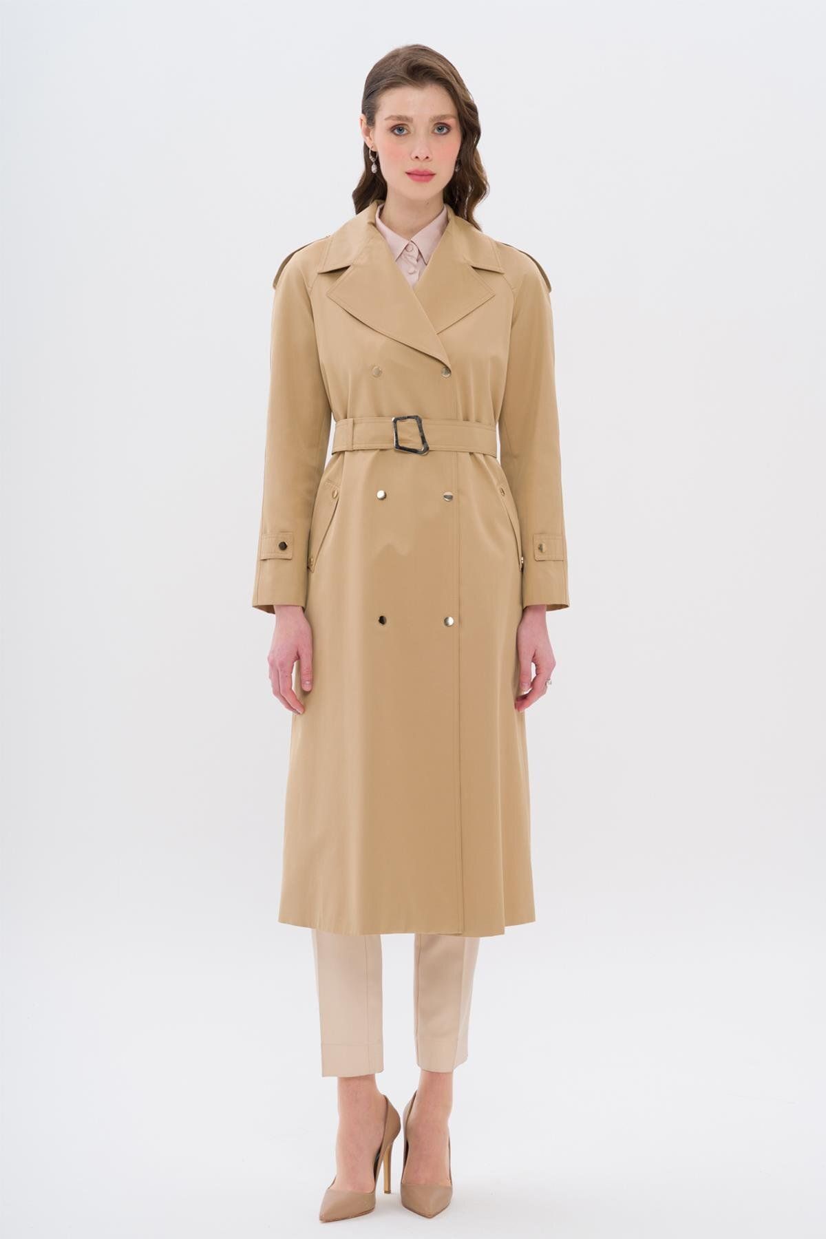 Olcay-Trench Coat with Cape and Epaulettes, Snap Closure and Water Repellent Feature Kamel 6709 1
