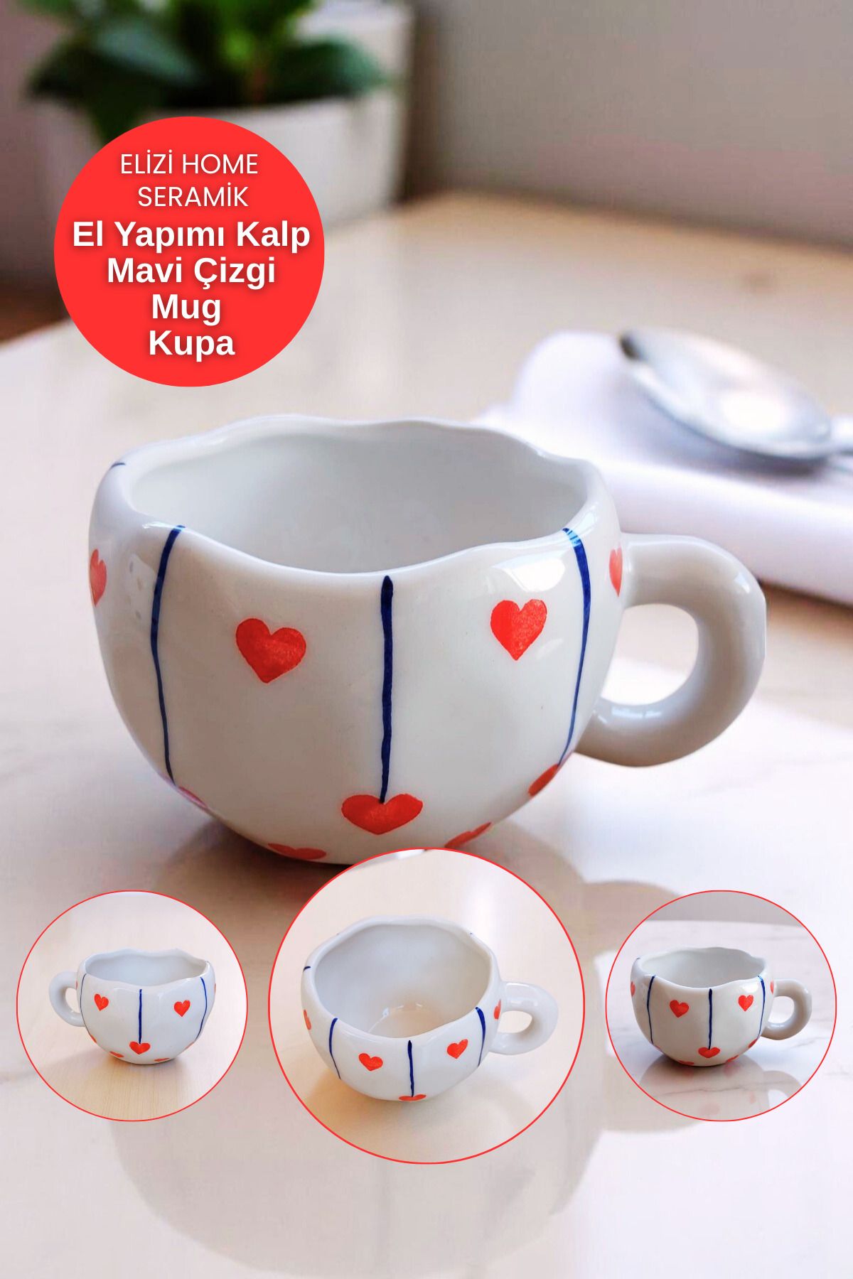 REAY HOME El Yapımı Seramik Kalp Mavi Çizgili Model Mug Kupa Fincan | Mug Fincan Kupa Kahve Kupası
