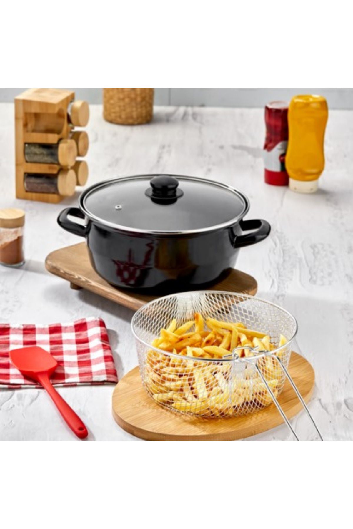 bersachef Black Kapaklı Emaye Kızartma Tenceresi Fritöz Patates