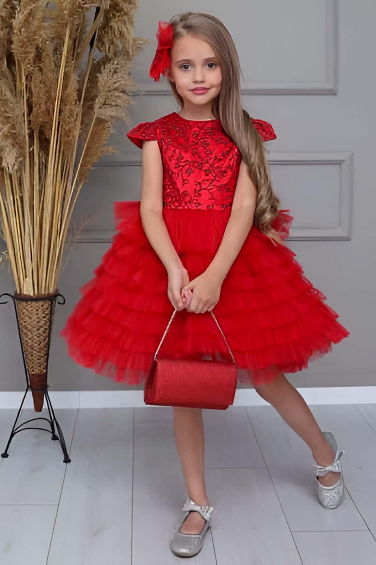 Riccotarz Fusta Pentru Fete Cu Broderie De Iedera, Cu Volane, Detaliu Pe Umeri, Rochie De Seara Rosie Din Tul Femeie - 7–8 years