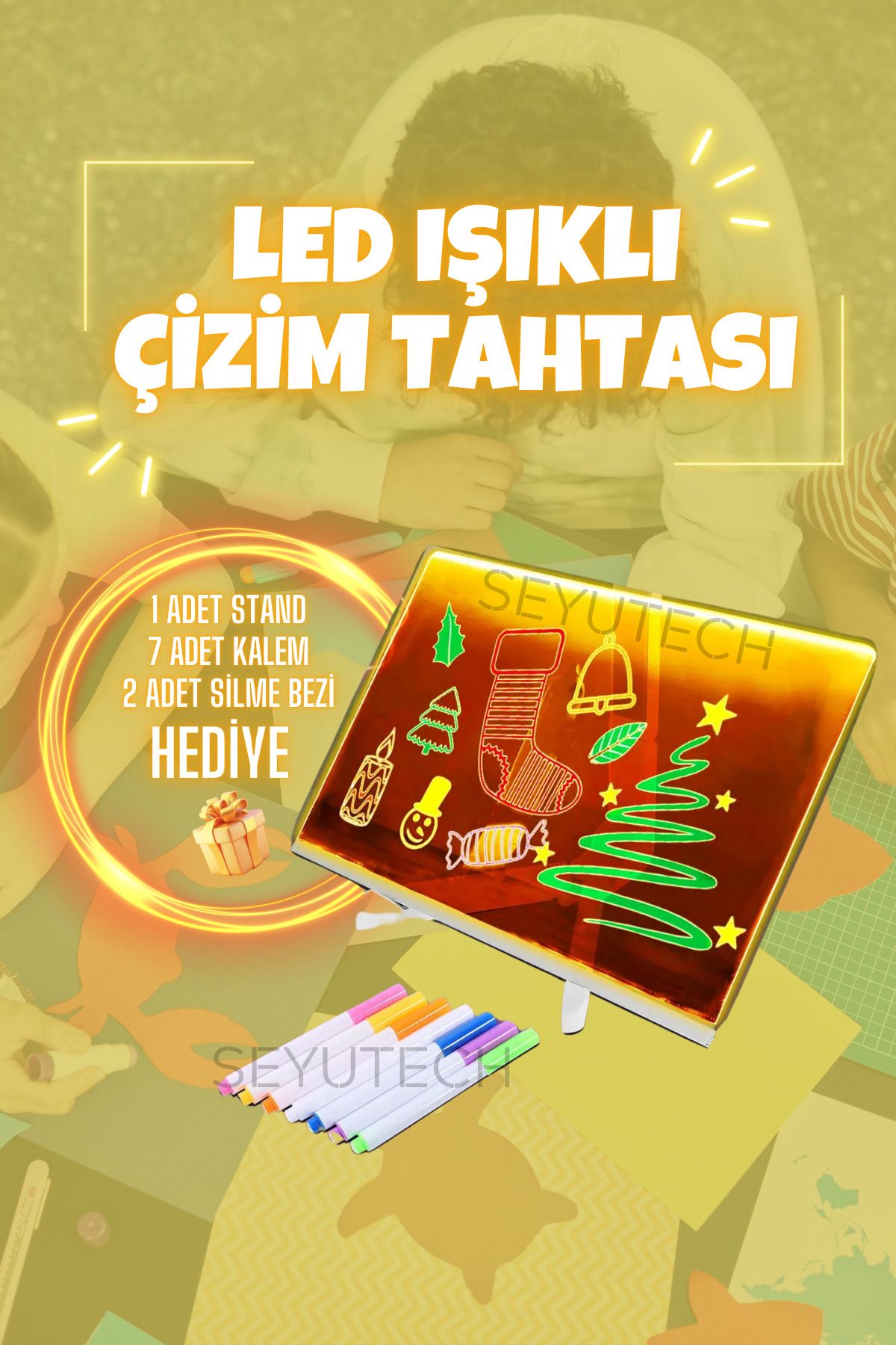 SEYUTECH Led Işıklı Çizim Tahtası Ayarlanabilir Stand 30x20cm 7 Renkli Hediye Keçeli Kalem