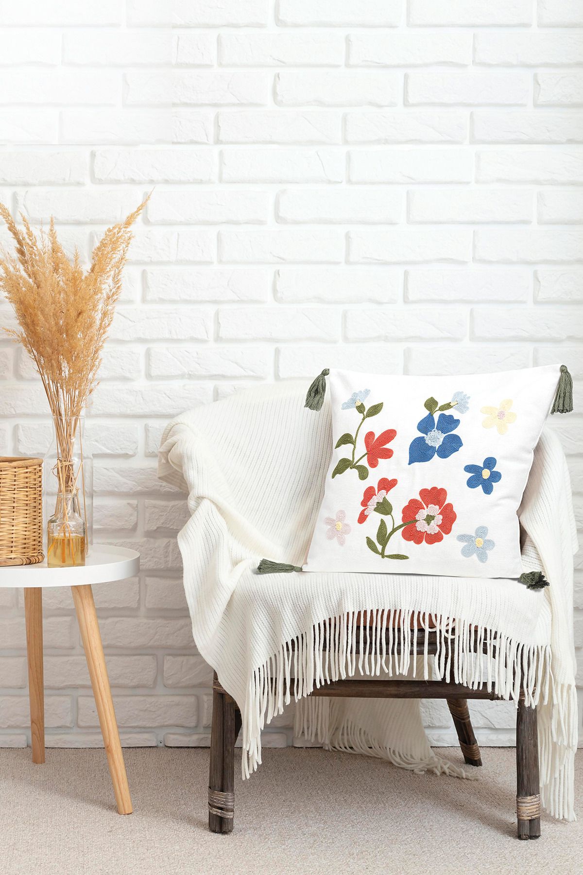 Ottoson Comfort Punch Desenli Kırlent Kılıfı Kare Dekoratif Bohem Nakışlı Koltuk Yastık Kılıfı panç 45x45