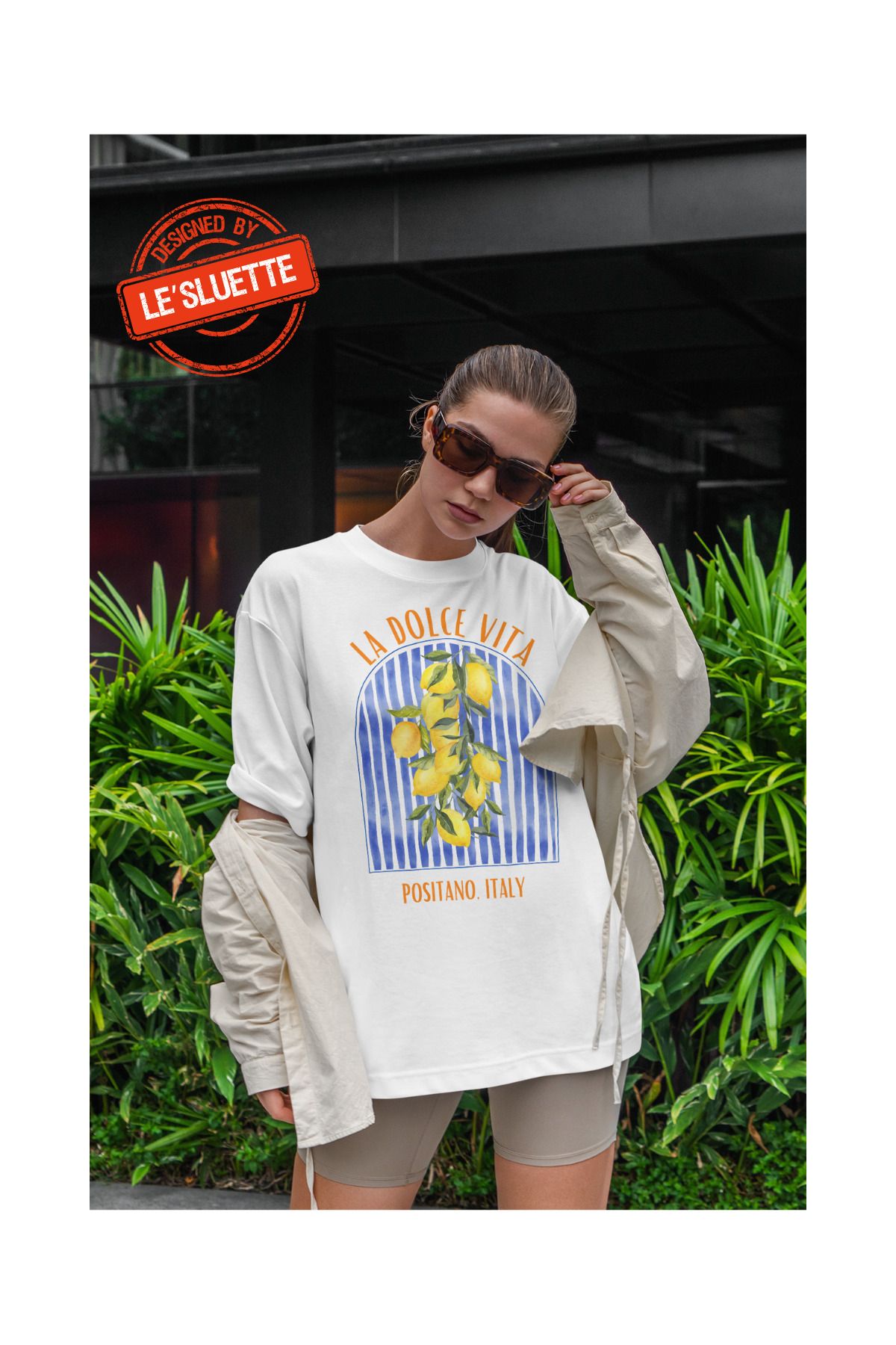 Le'sluette shadow of style Dolce Vita Limon Baskılı Oversize %100 Pamuk T-Shirt
