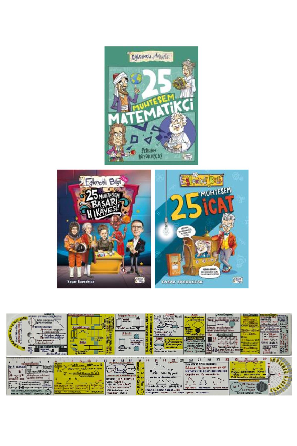 Eğlenceli Bilgi Yayınları 25 Muhteşem Matematikçi, Başarı Hikayesi, İcat 3 Kitap Set + Mat. Öğreten Cetvel