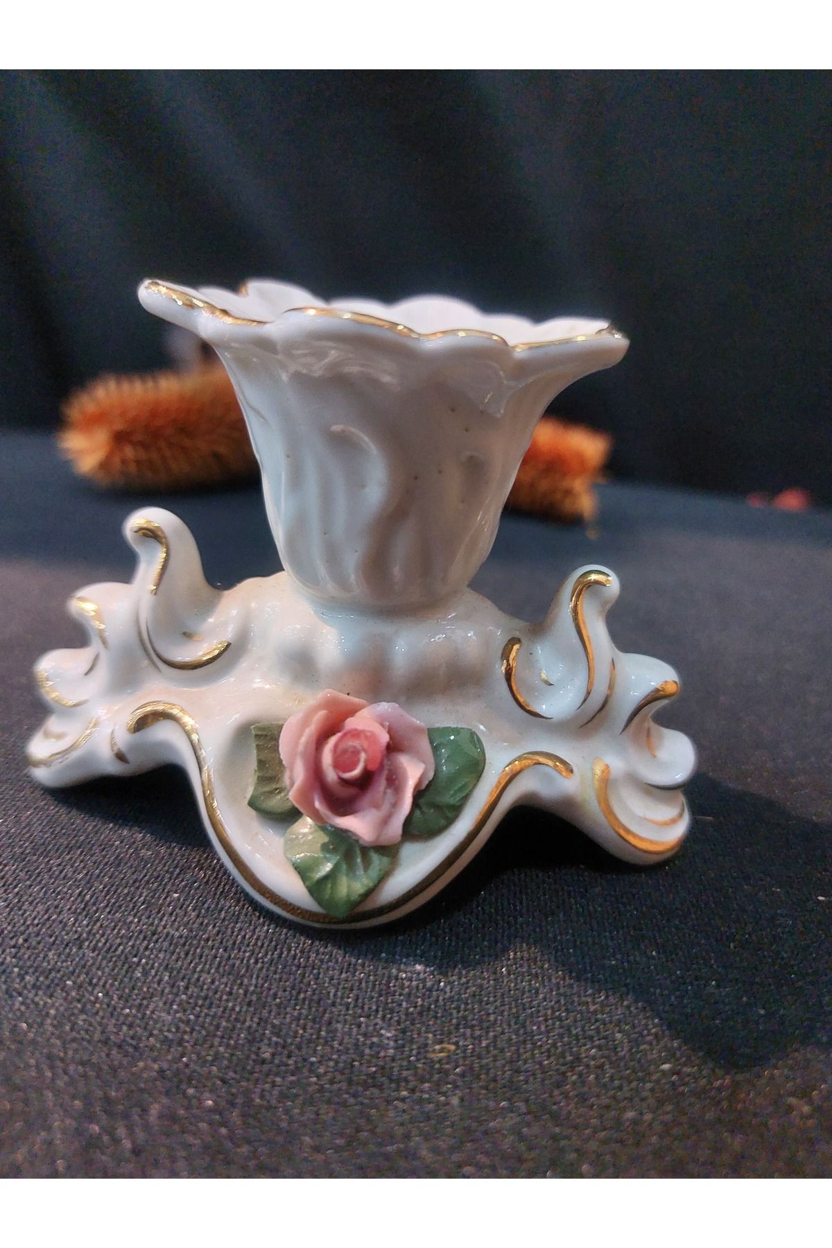 Dedemin Antikaları Dresden Pembe Çiçek Capodimonte Detaylı Porselen Mumluk