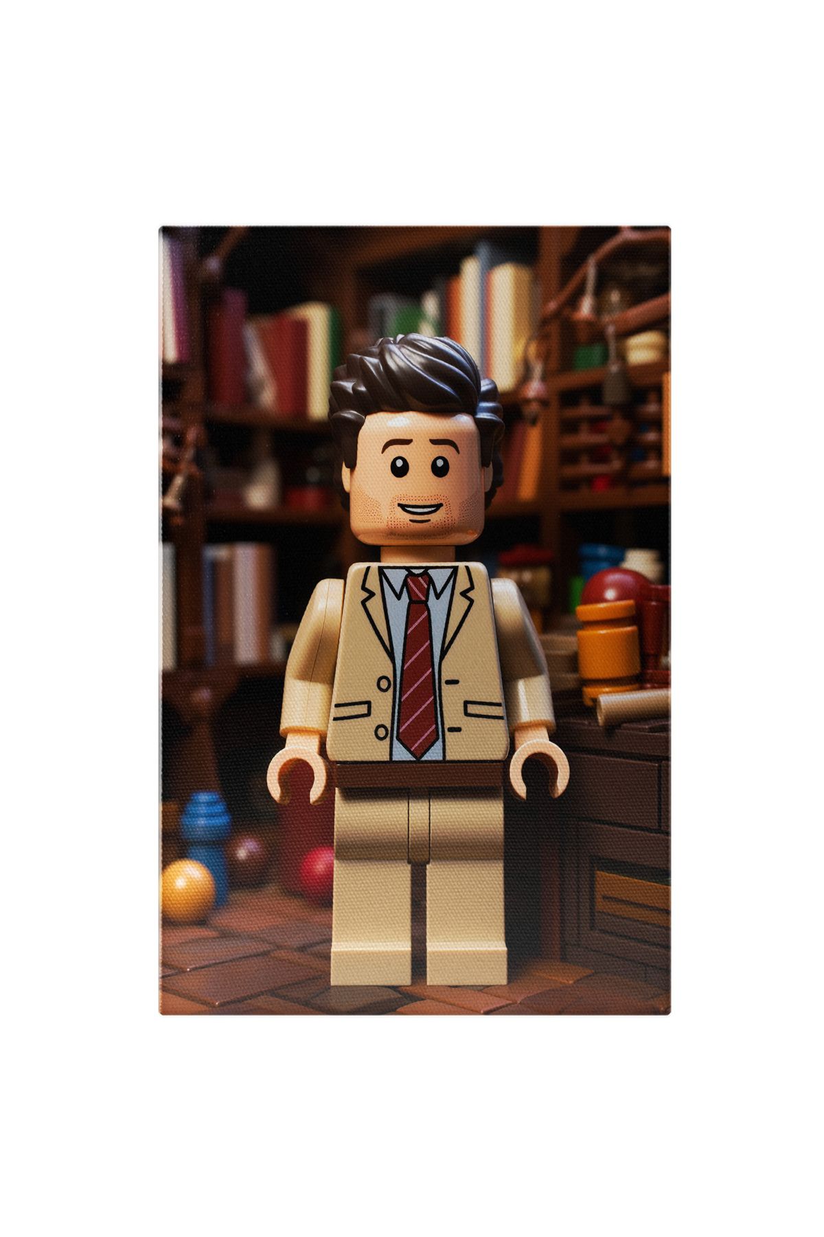 StoryGift Romania Tablou Canvas: Minifigurina Lego Barbat Pasionat De Carti Cu O Biblioteca Aranjata Acasa Plina - 40 x 25