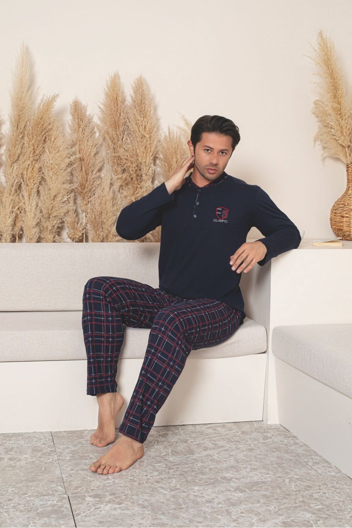 BSM Erkek Uzun Kol Dört Mevsim Pamuklu Penye Ekoseli Lacivert Pijama Takımı