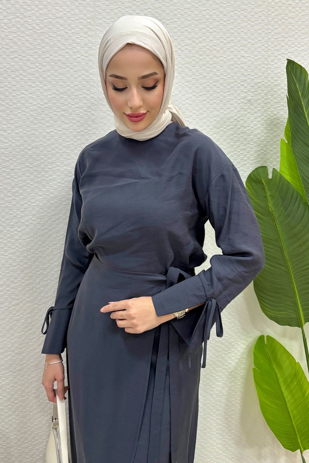 Tesettür Diyarı-Women's Summer Fabric Tie Skirt Suit - Anthracite 3
