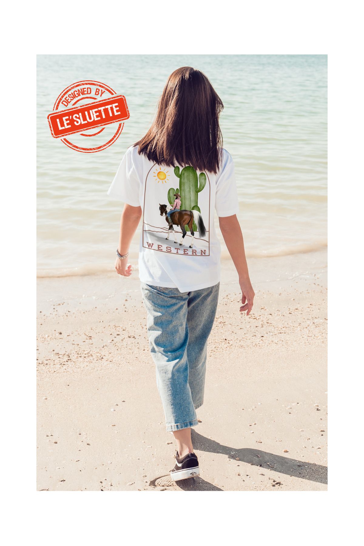 Le'sluette shadow of style Western Kadın Kovboy Baskılı Oversize %100 Pamuk T-Shirt