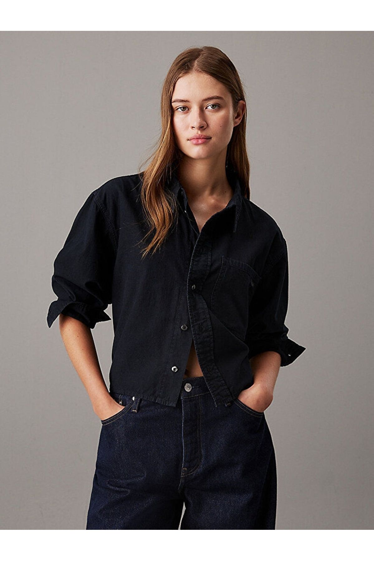 CK Jeans Kadın Cropped Dad Denim Siyah Gömlek J20J225012-1BY