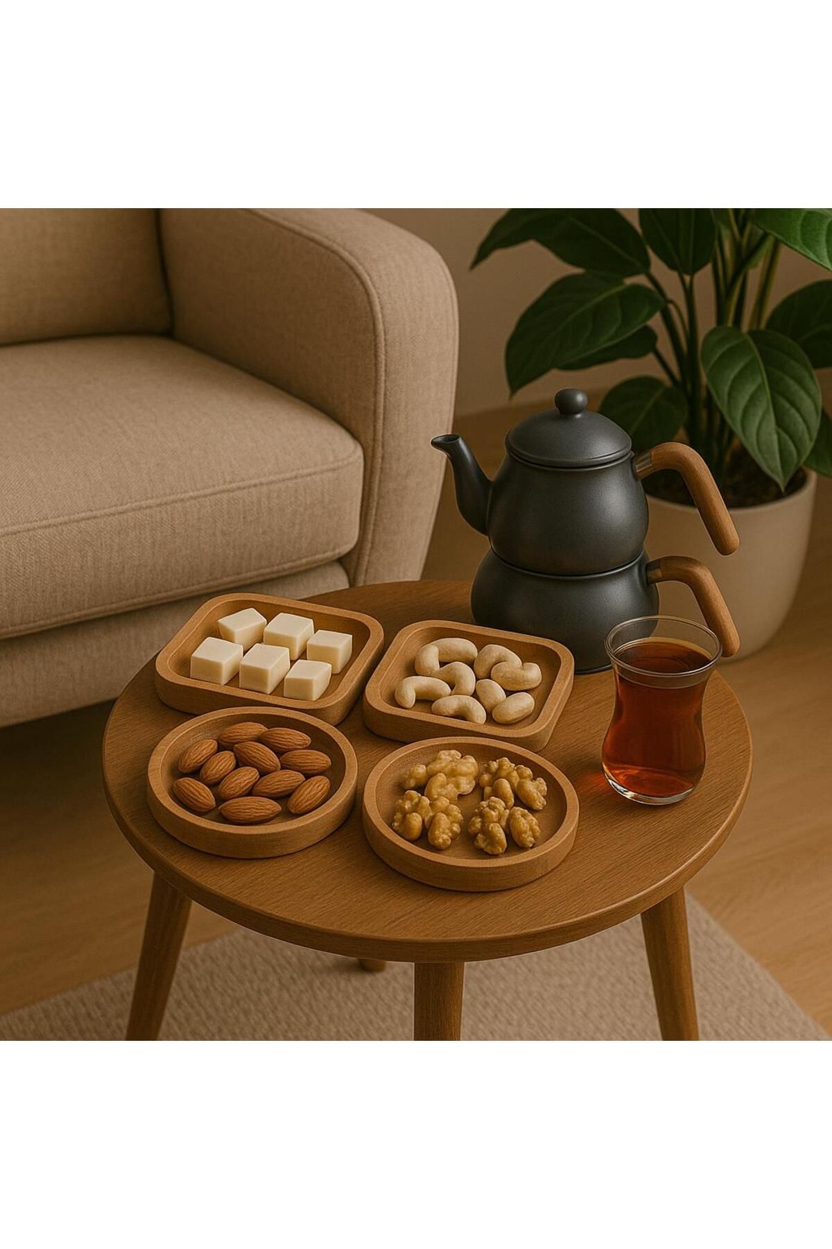 Saban Doğal Ahşap Çerezlik ve Kahvaltılık – 4 Parçalı Sunum Tabağı T13