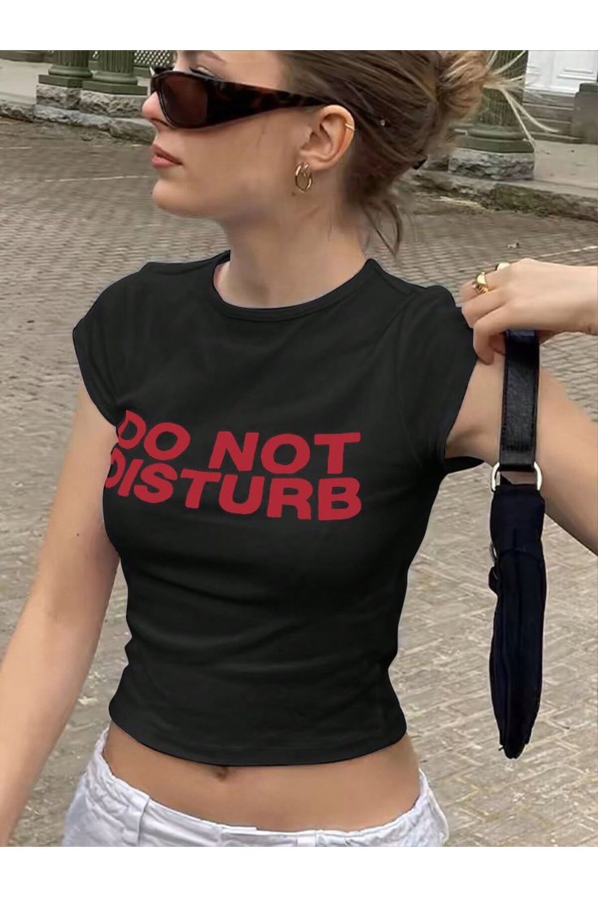 JANSO GROUP - KADIN CROP TSHIRT BASKILI SİYAH