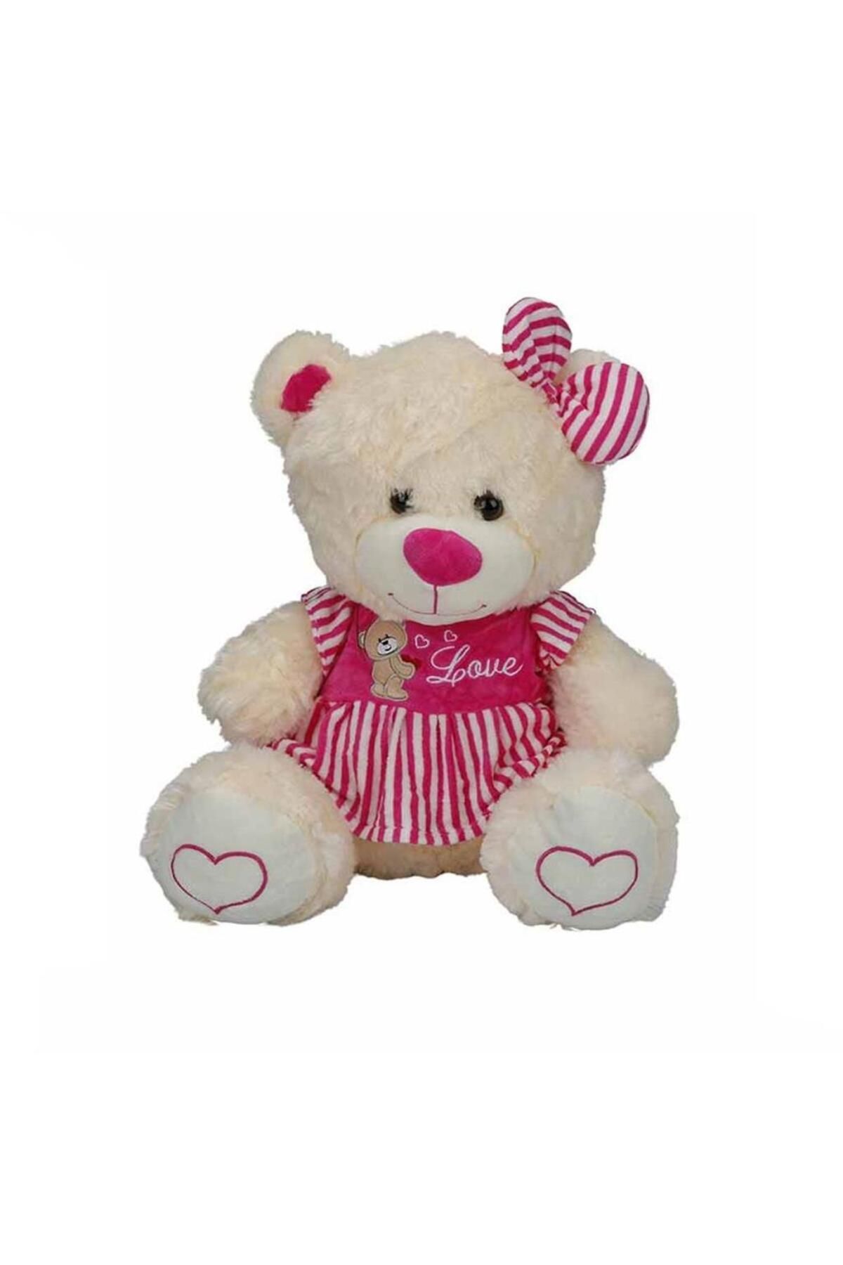 NessiWorld 8334 Oturan Çizgili Elbiseli Peluş Ayı 40 cm -Sunman