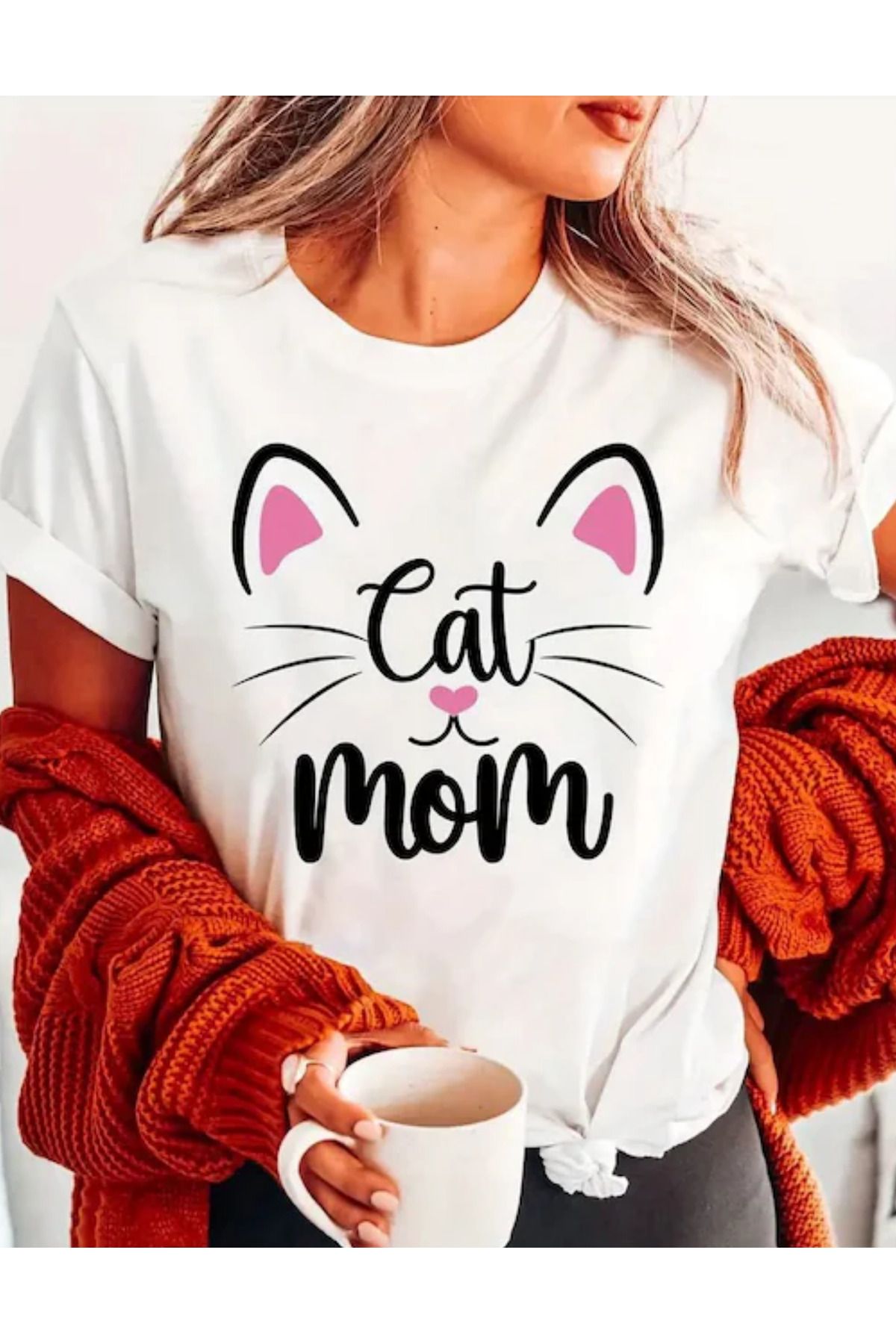 AEMİ Unisex Cat Mom Baskılı %100 Pamuk Oversize T-shirt