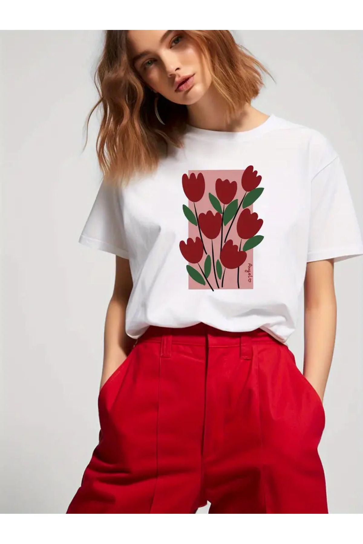 AEMİ Unisex Lale Baskılı %100 Pamuk Oversize T-shirt