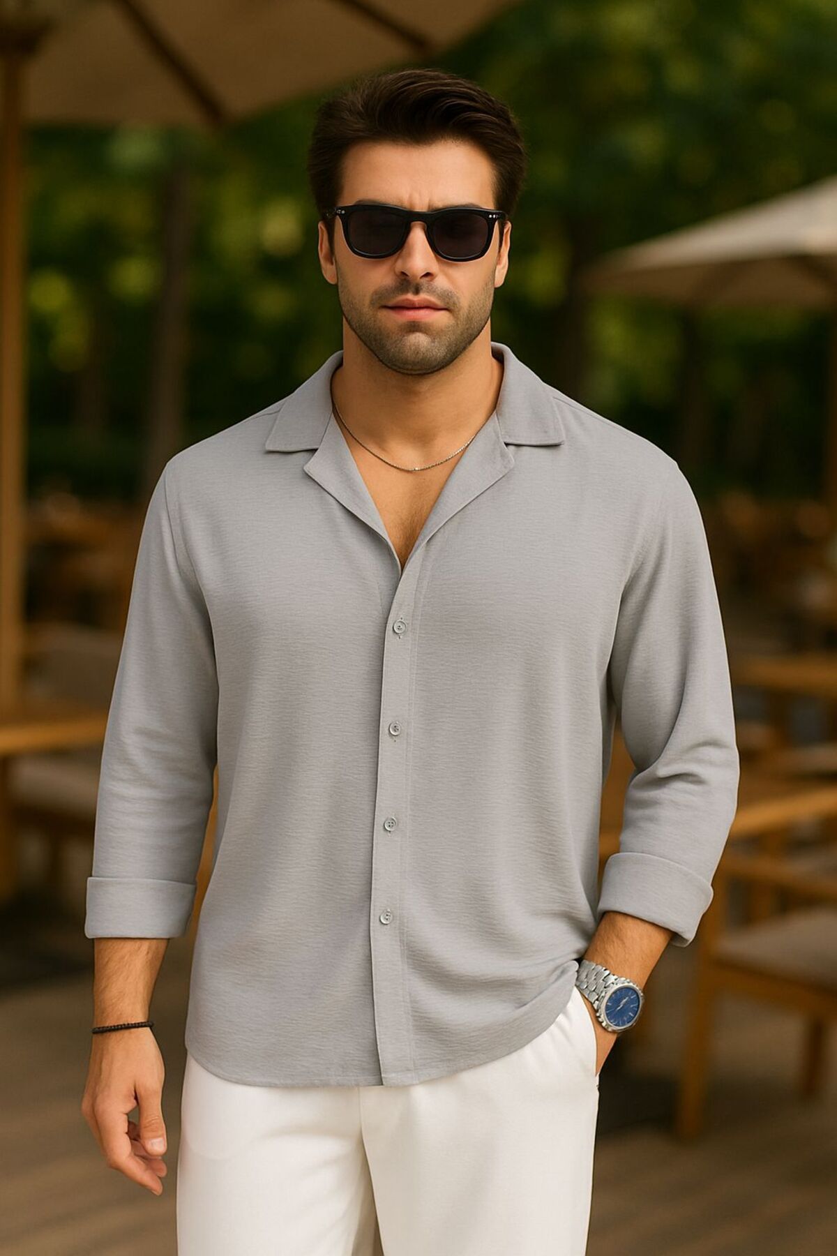 EKZMODA Erkek Gri Keten Dokulu Oversize Bol Kalıp Gömlek