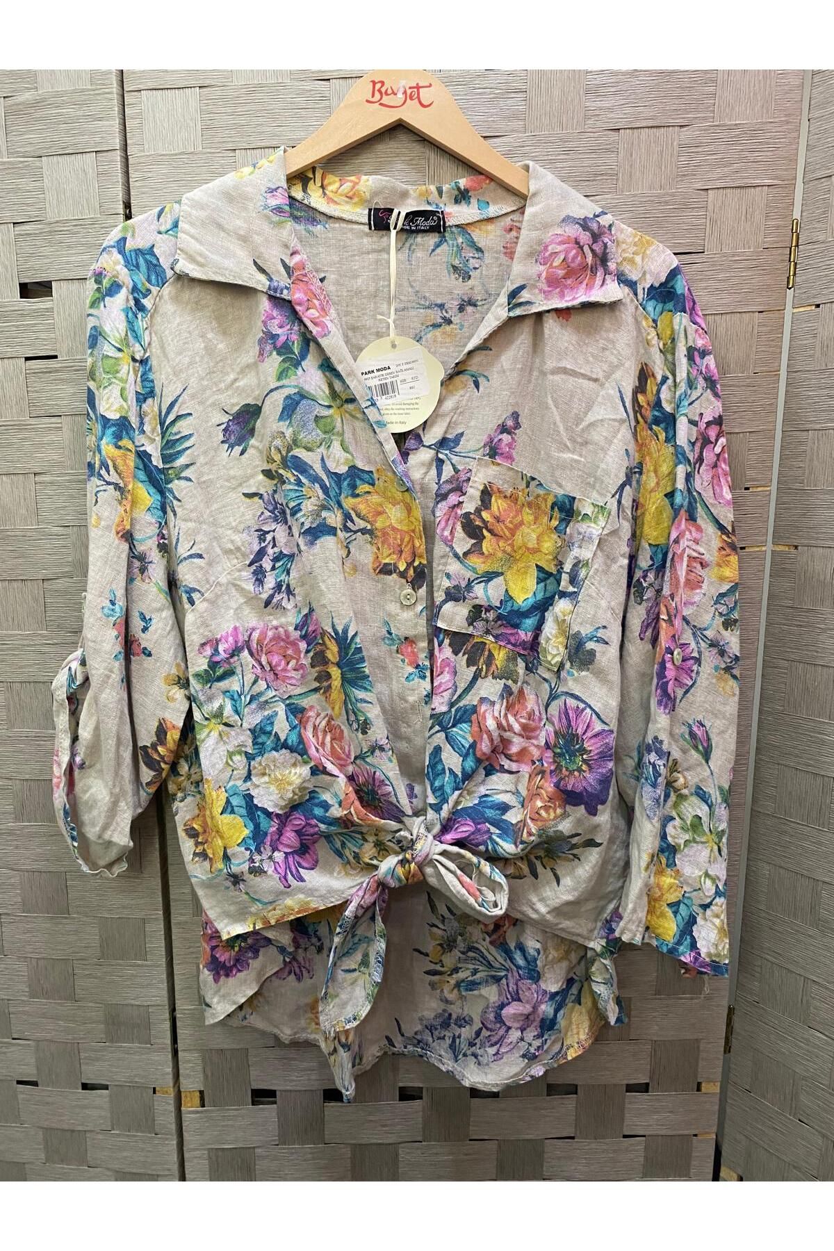Park Moda BEJ RENK ÇİÇEK DESENLİ BAĞLAMA DETAYLI GÖMLEK PANTOLON KETEN İKİLİ TAKIM