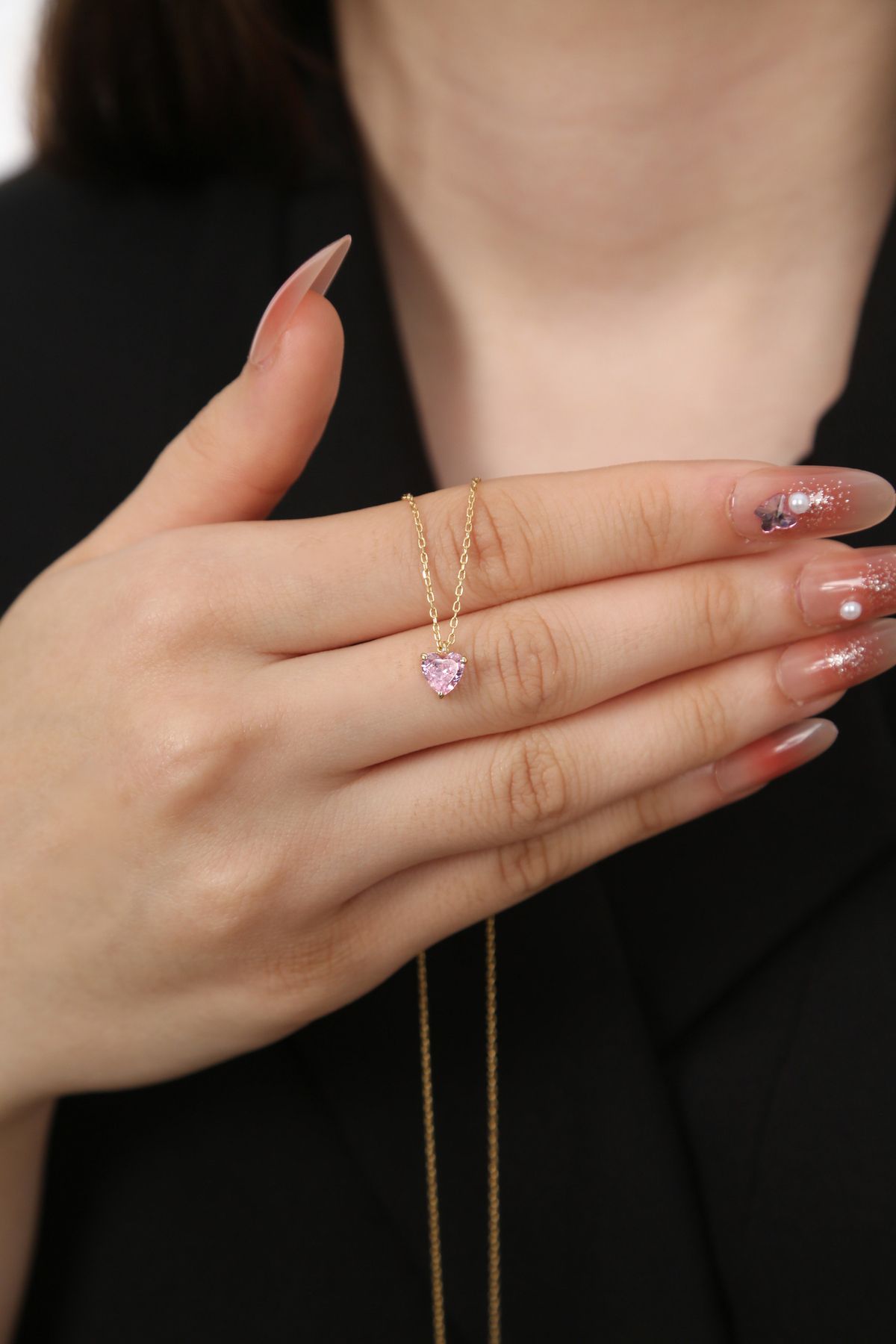 Sanem silver Pink Gümüş Kalp Kolye, 925 Ayar Gümüş Üzeri Altın Kaplama Kolye, Pembe Taşlı Kalp Kolye
