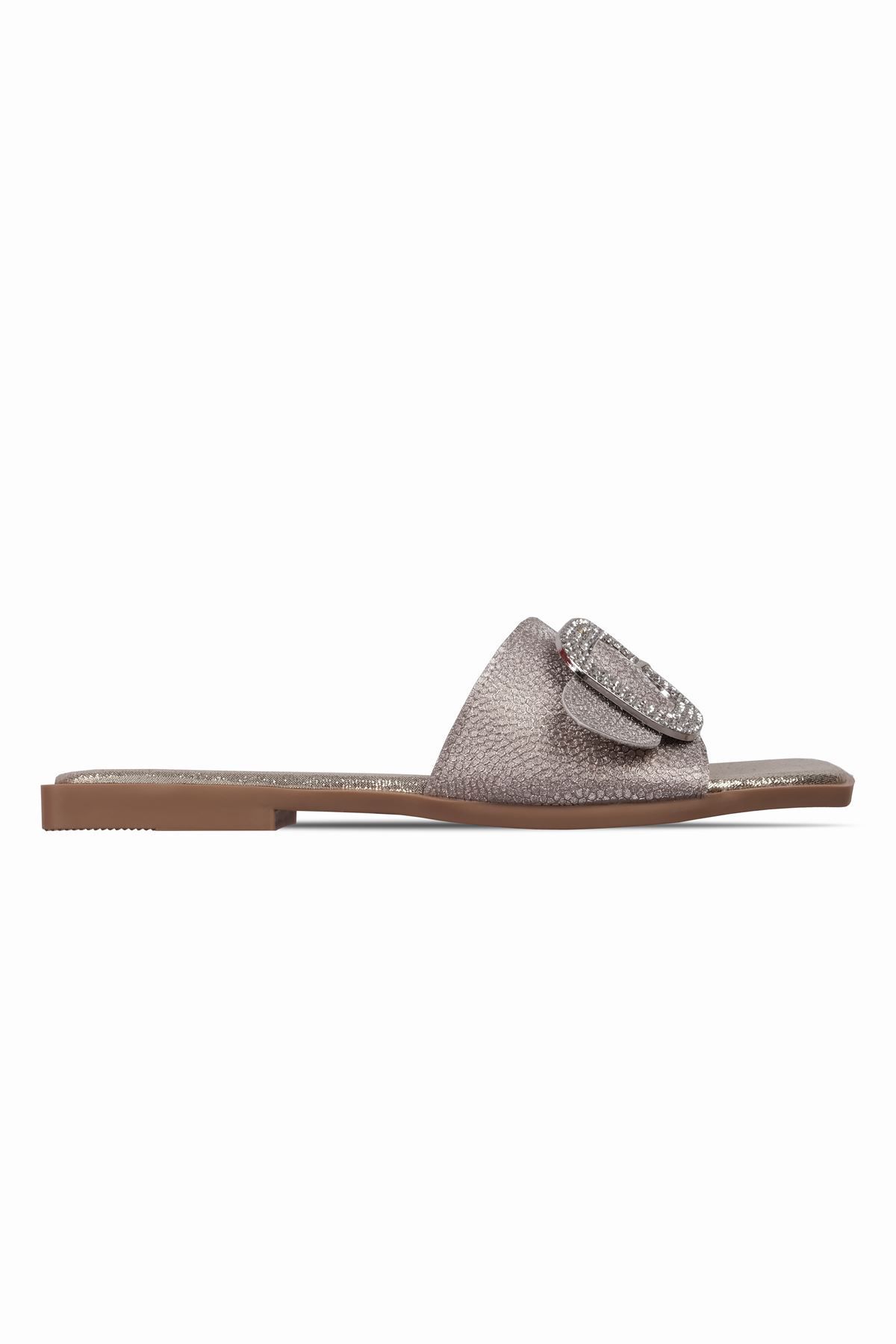 Lal Shoes & Bags Nagite Kadın Taşlı Toka Detaylı Simli Terlik-Gold