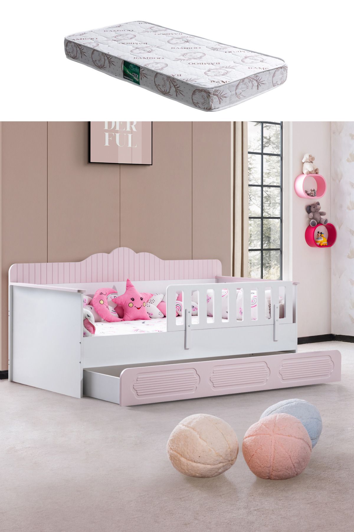 Setay Yavrulu Karyola, Flower Yavrulu Montessori Karyola - Pembe + 1 Adet Comfort Yatak
