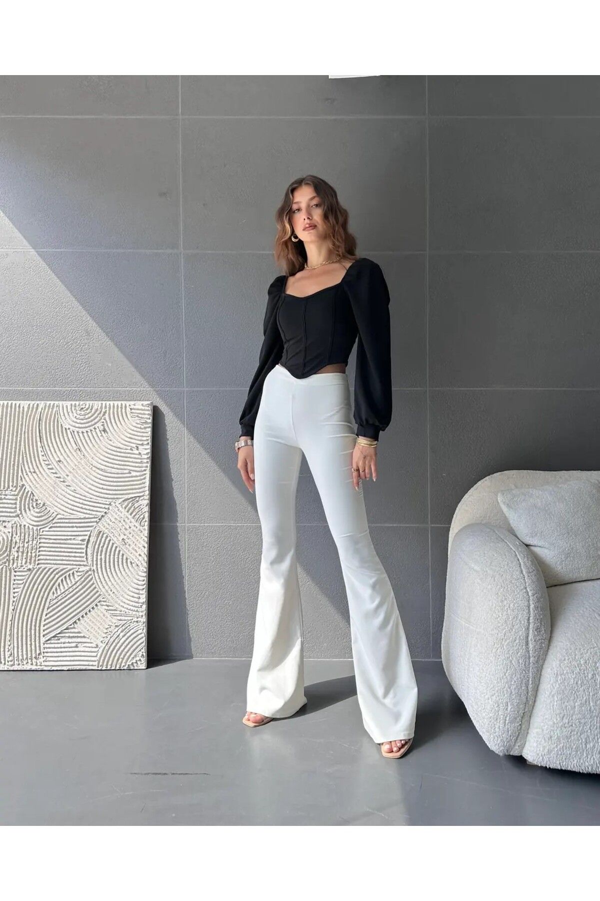 H&E LUXURY DESIGN Kadın Kare Yaka Şerit Detaylı Bluz