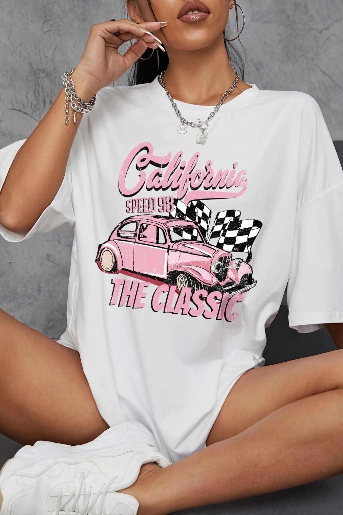 ELNOYA Unisex Beyaz Bisiklet Yaka California Classic Baskılı Oversize T-Shirt