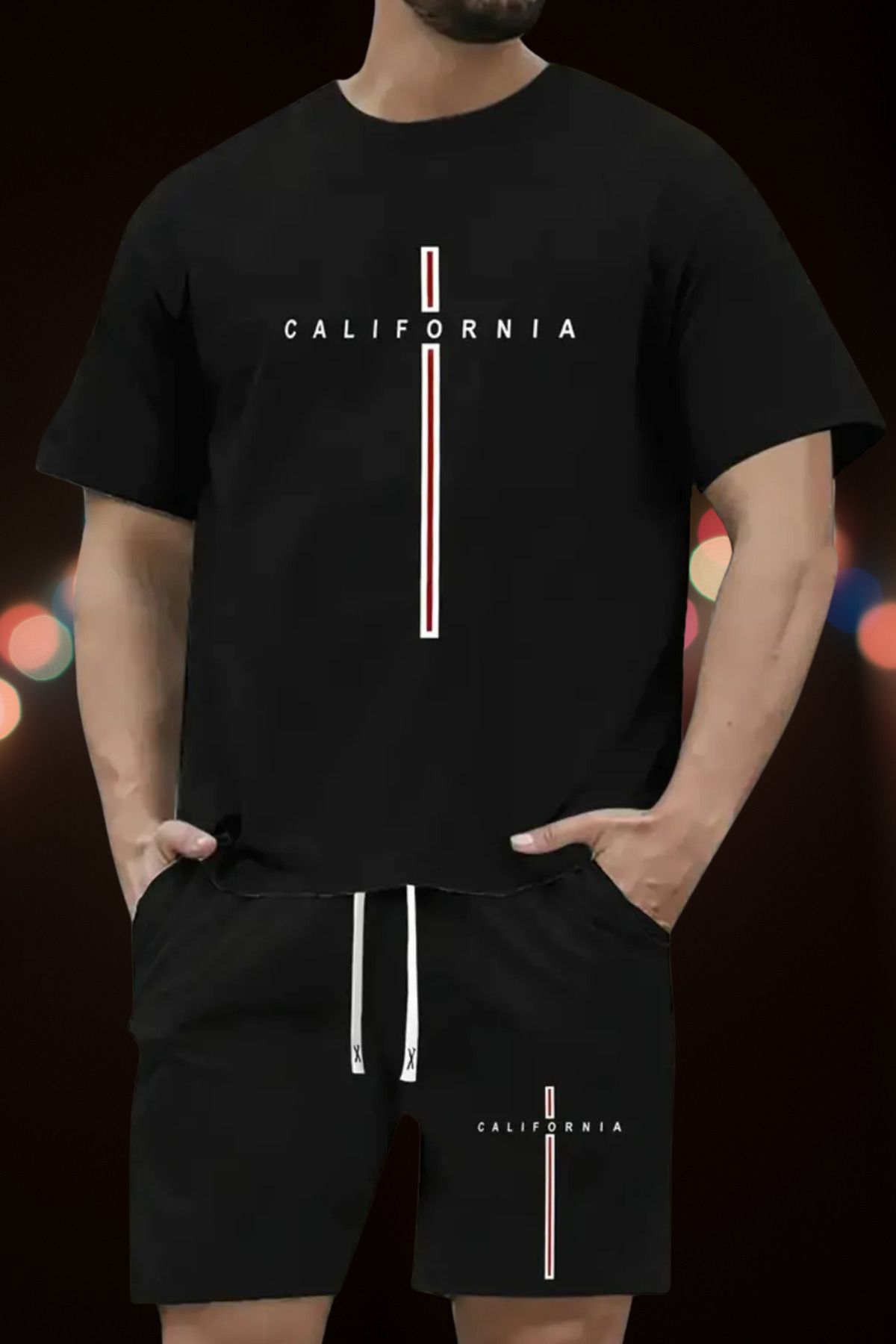 DESCARTES Unisex California Baskılı Pamuklu Kısa Kollu Yuvarlak Yaka T-shirt Şort Takımı
