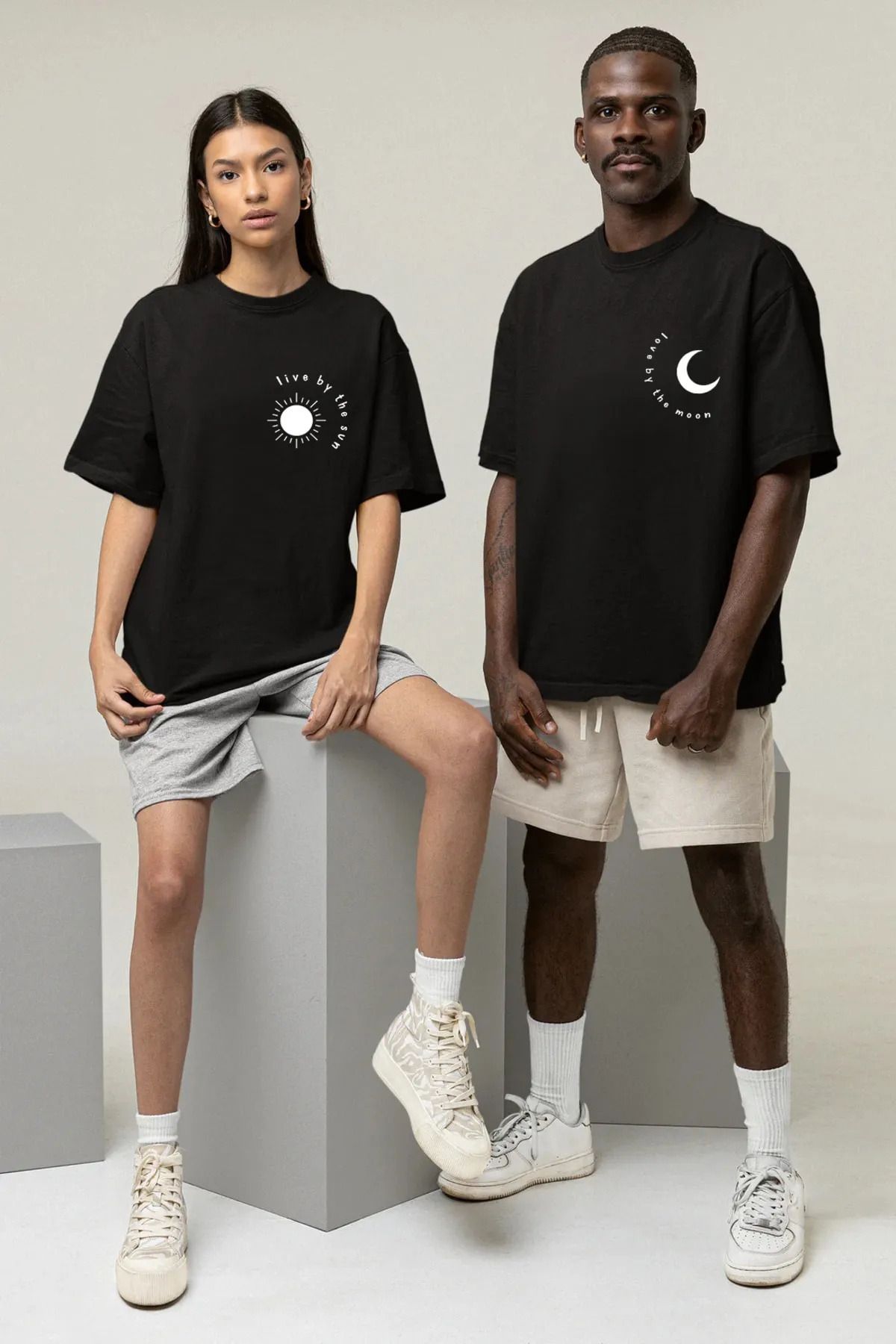 DESCARTES Moon Sun Baskılı Tişört Sevgili Çift Takım Ay Güneş Siyah Beyaz Oversize Couple T-Shirt