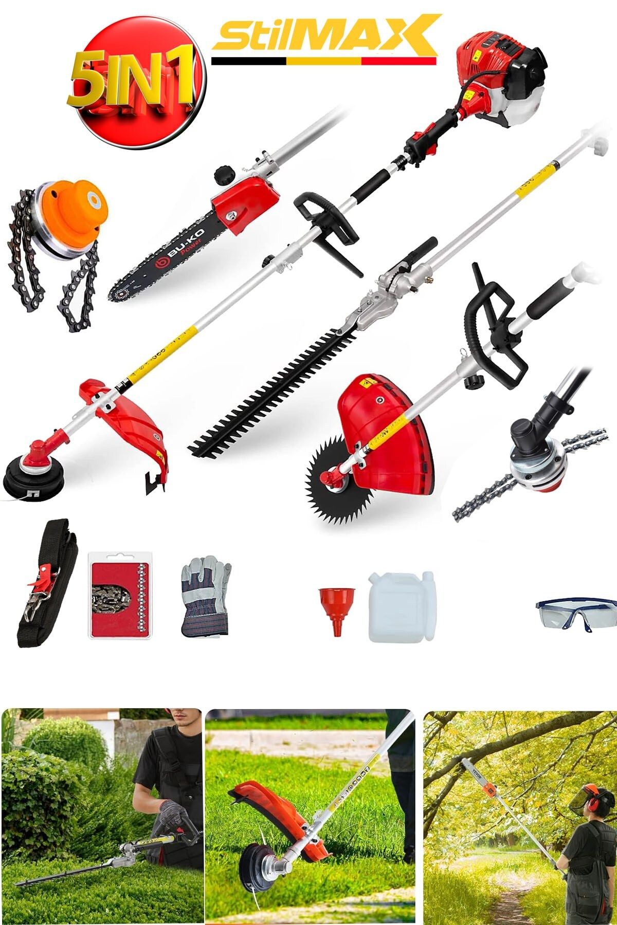stilmax 20HPX Motorlu Çok Fonksiyonel 5IN1 Kafalı Benzinli Tırpan Ot Biçme + Budama + Canavar + Testere Seti