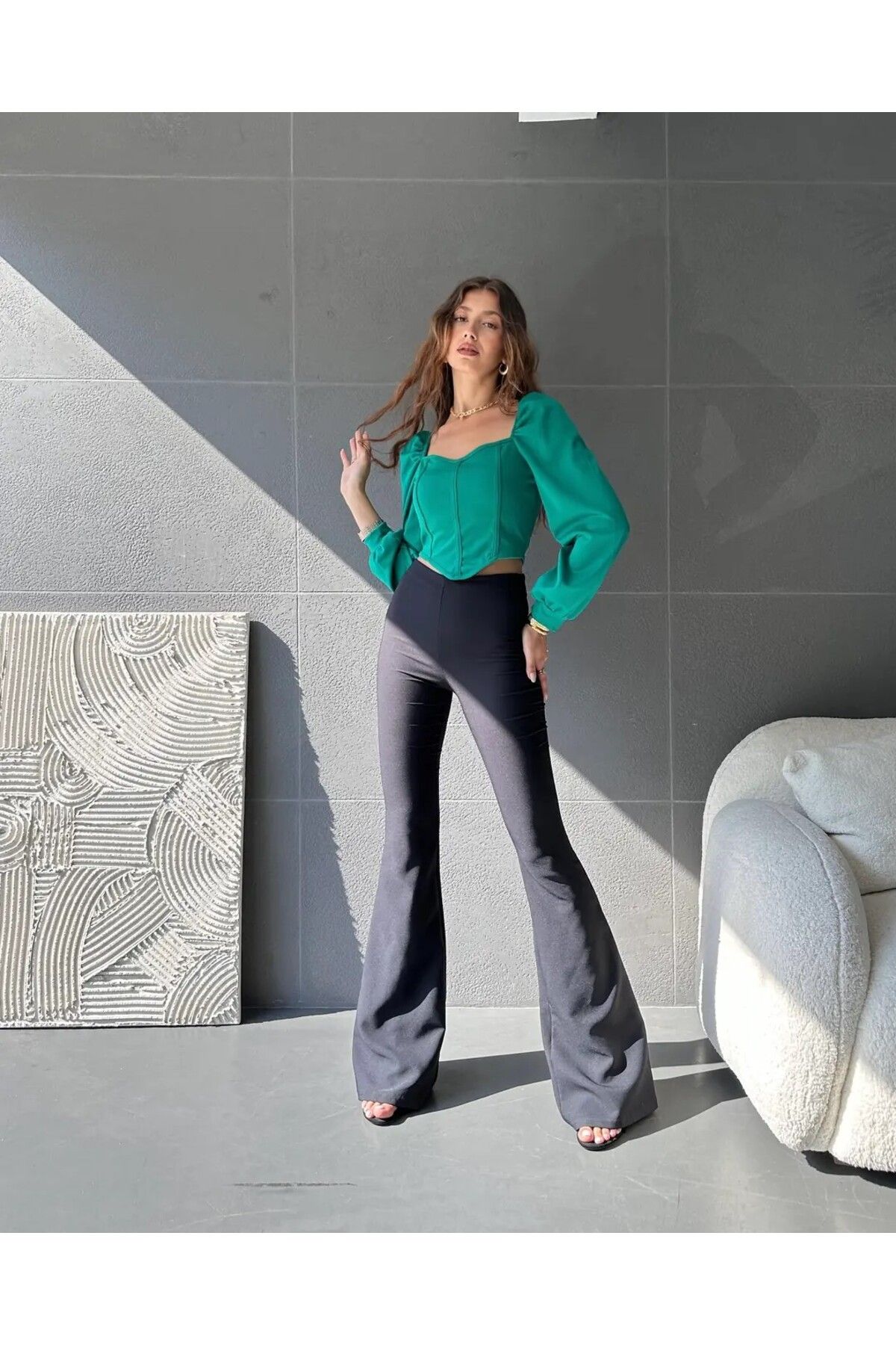 H&E LUXURY DESIGN Kadın Kare Yaka Şerit Detaylı Bluz