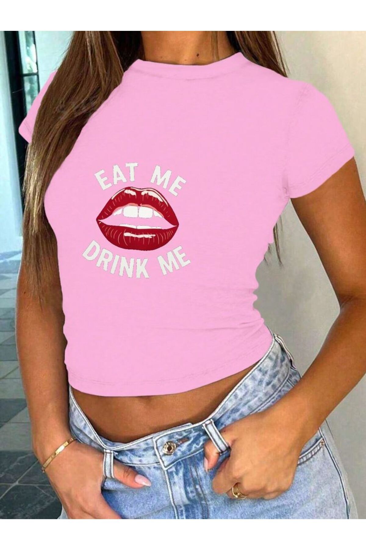 JANSO GROUP - KADIN CROP TSHIRT BASKILI PEMBE