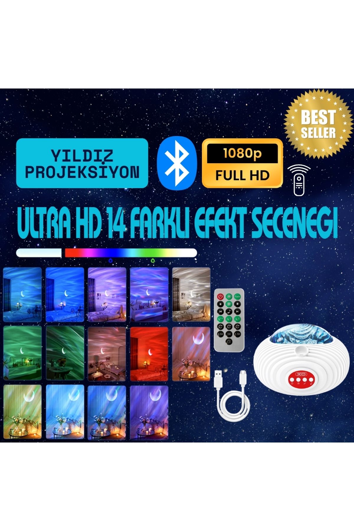 Xo Ultra HD Galaksi Yıldız Projeksiyon Lambası 14 Renkli Işık,Bluetooth Hoparlör,200Lm,Kumandalı YH12