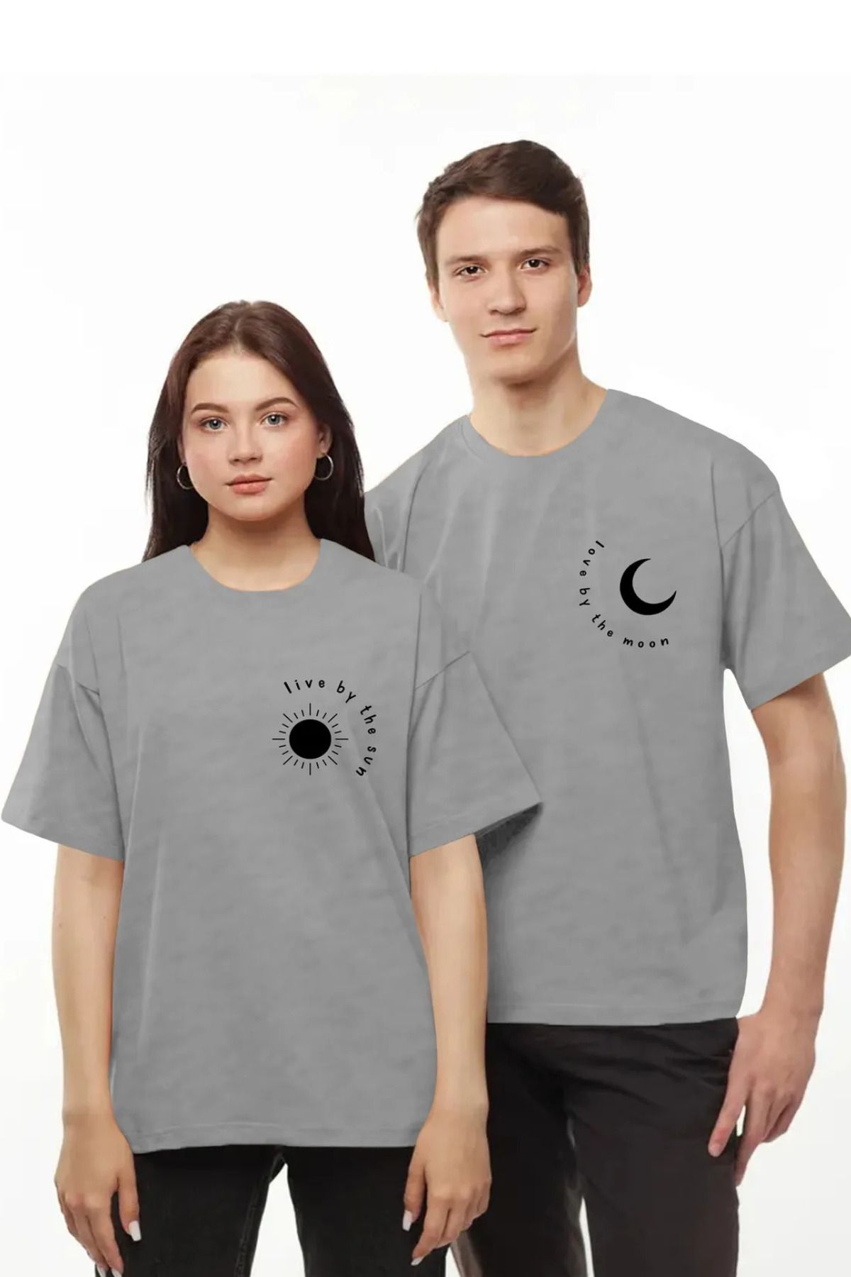 DESCARTES Moon Sun Baskılı Tişört Sevgili Çift Takım Ay Güneş Siyah Beyaz Oversize Couple T-Shirt