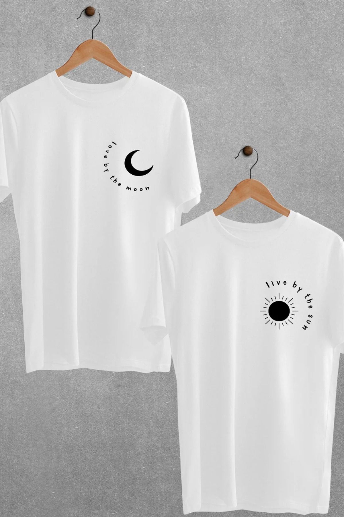 DESCARTES Moon Sun Baskılı Tişört Sevgili Çift Takım Ay Güneş Siyah Beyaz Oversize Couple T-Shirt