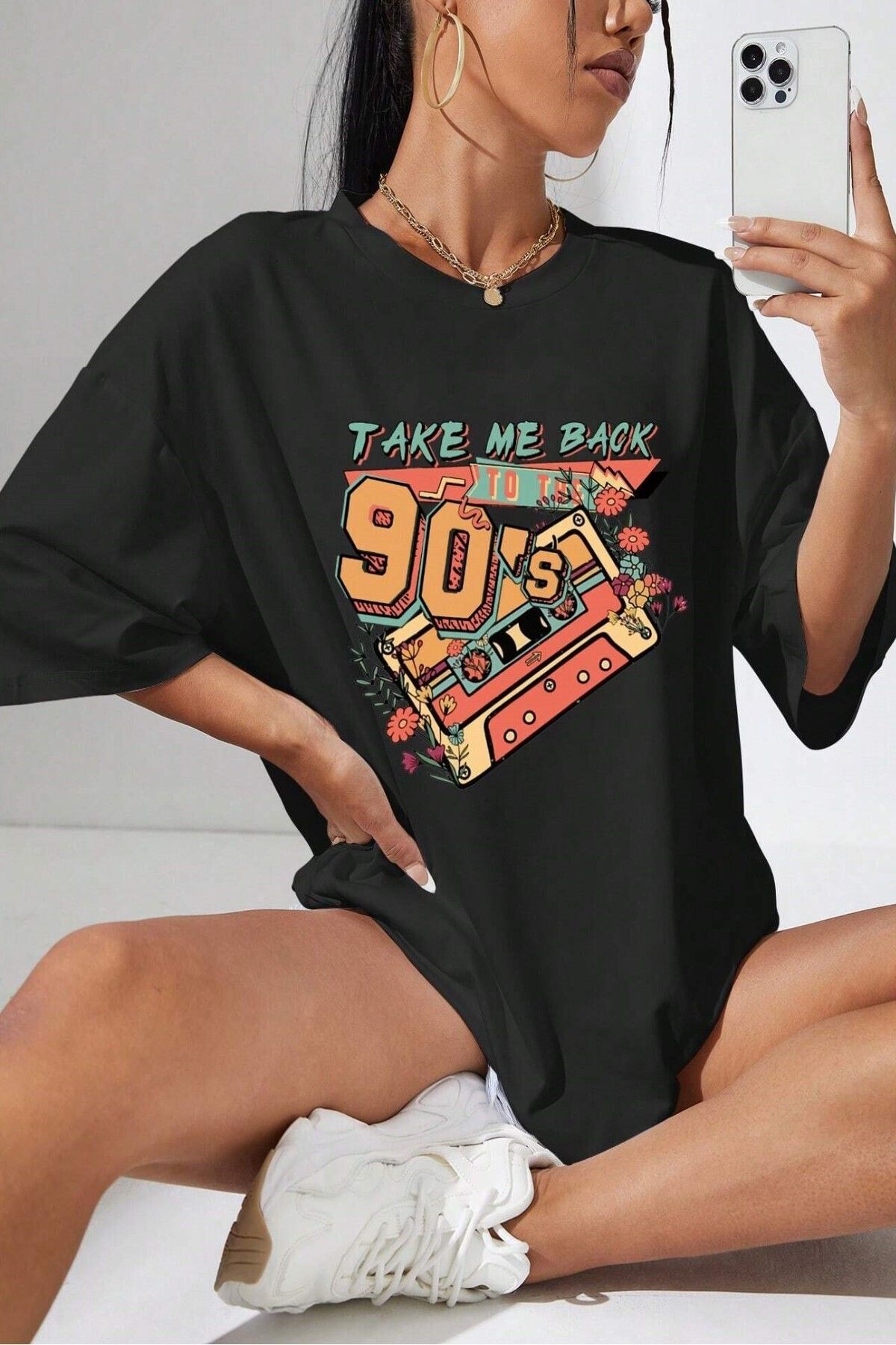 ELNOYA Unisex Siyah Bisiklet Yaka 90's Baskılı Oversize T-Shirt