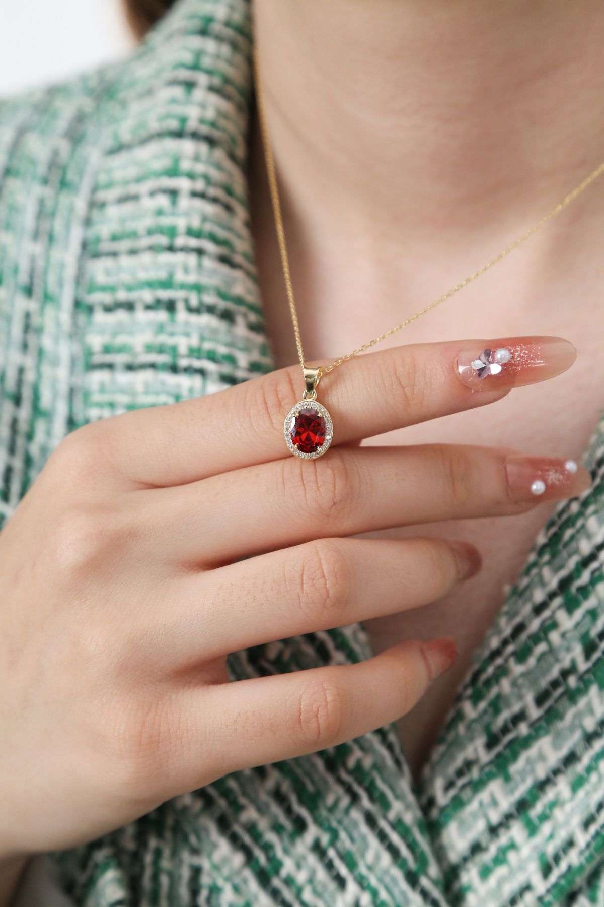 Sanem silver Oval Garnet Taşlı Gümüş Kolye,925 Ayar Gümüş Üzeri 14 Ayar Altın Kaplama,Garnet Pırlanta Model