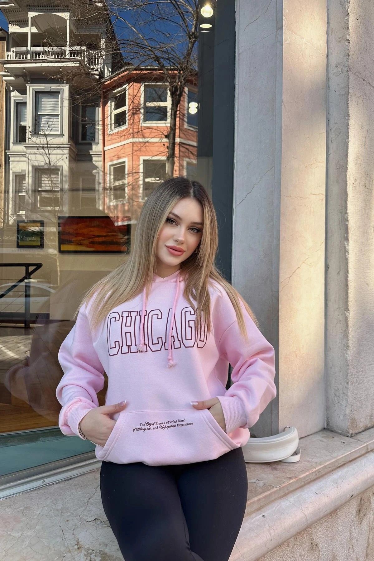 CIQULATA Chicago Baskı Sweatshirt Pudra