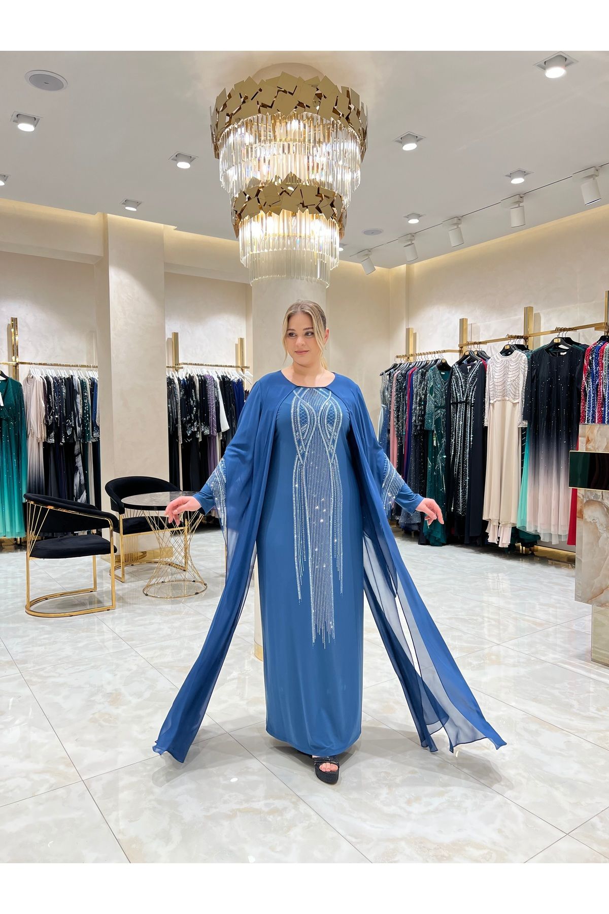 Balerina LİKRALI İÇ ELBİSE ÜZERİNE ŞİFON TAŞ İŞLEMELİ ABİYE KAFTAN