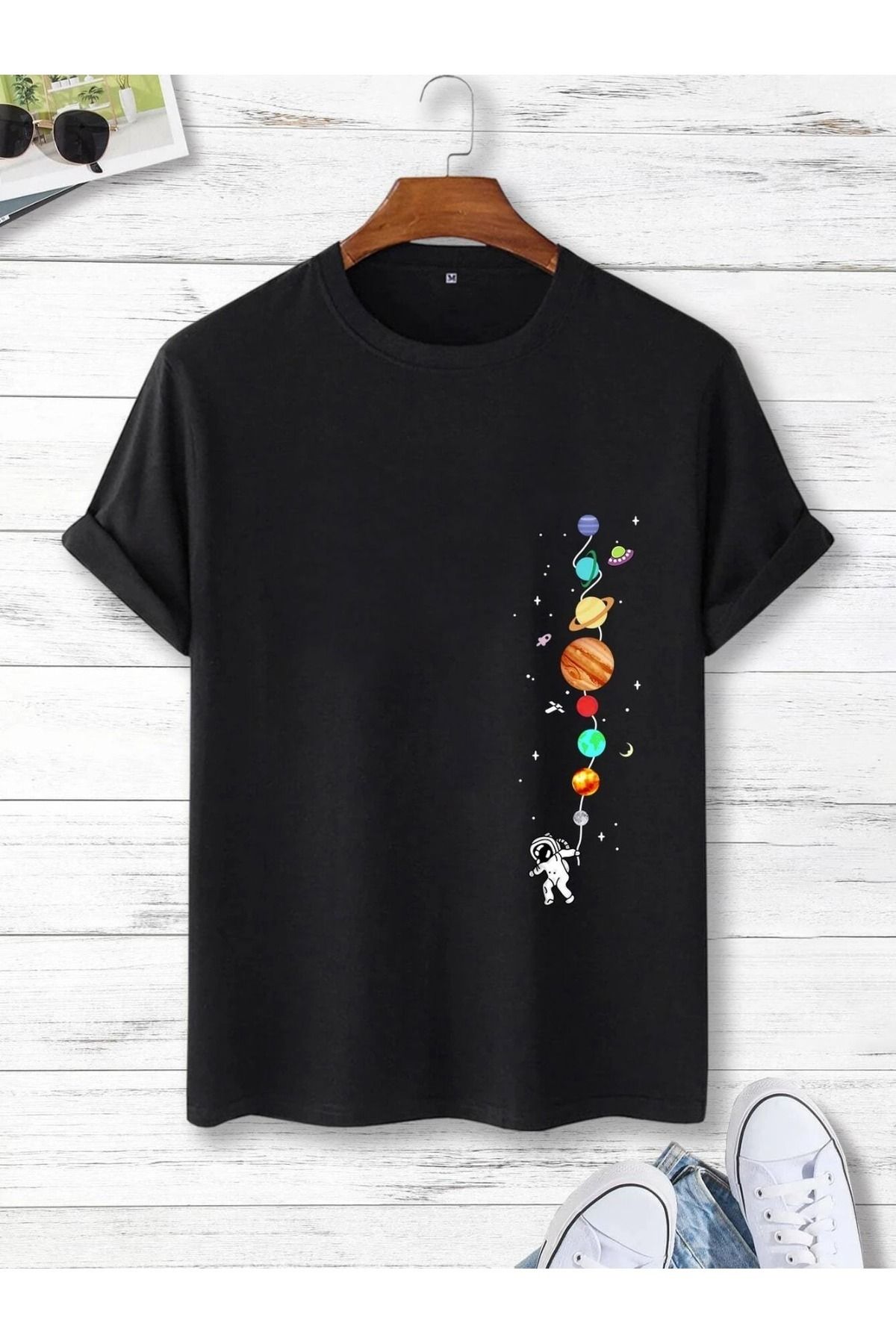 ELNOYA Astronot Ve Gezegen Baskılı Unisex Oversize T-Shirt