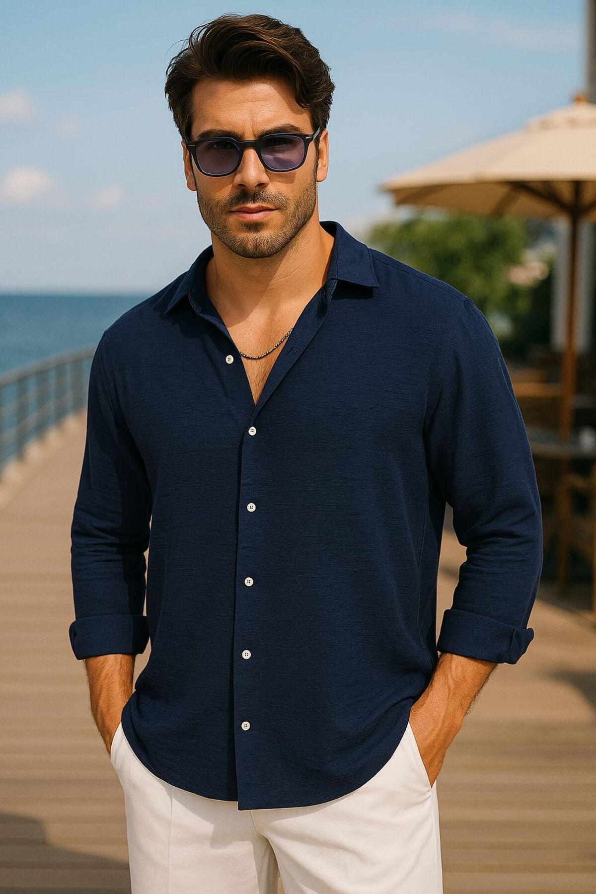 EKZMODA Erkek Lacivert Keten Dokulu Oversize Bol Kalıp Gömlek