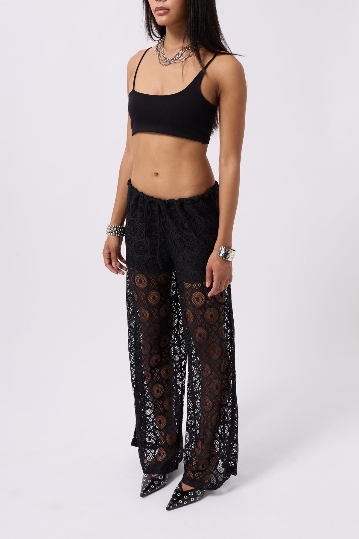 Black Fashion Beli Bağcıklı Dantel Siyah Pantolon