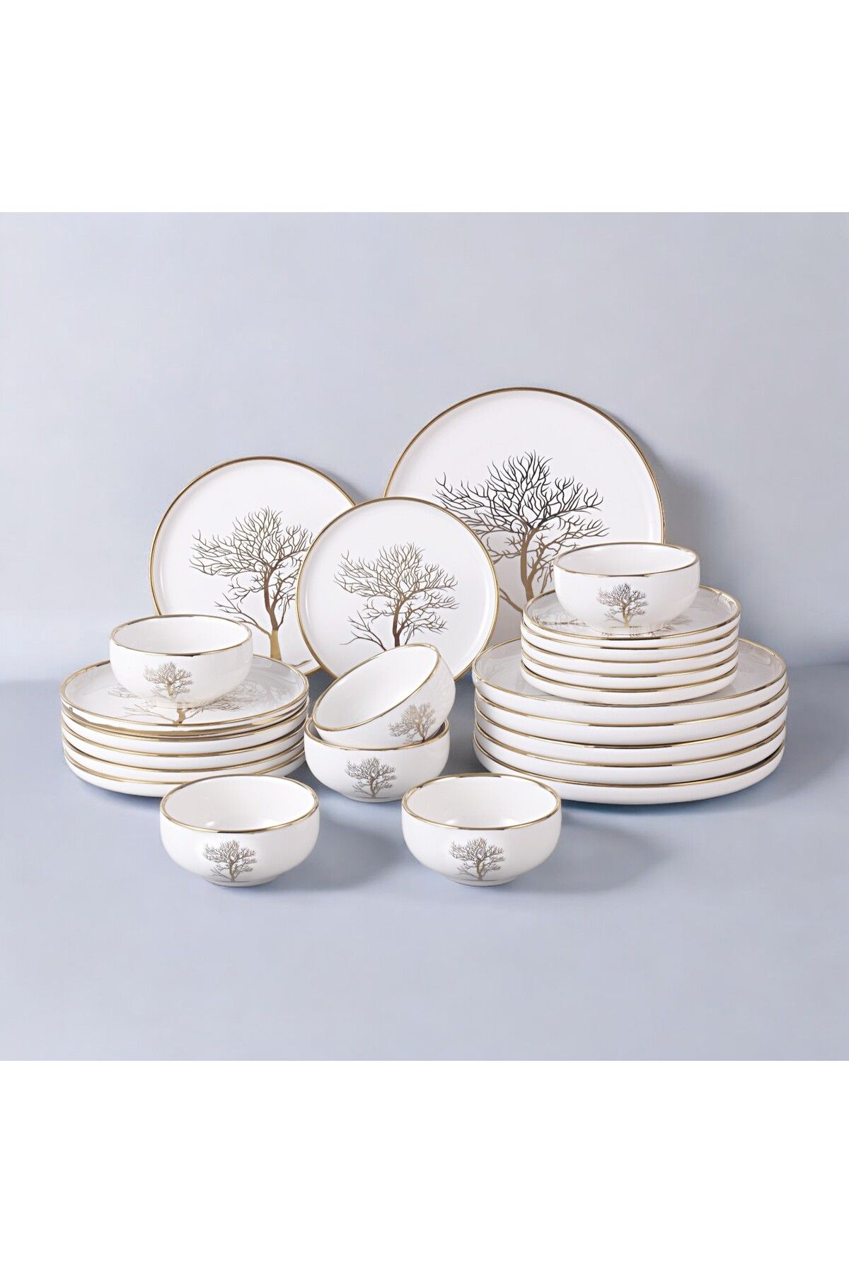 Vadi Autumn Modern 24 Parça 6 Kişilik Gold Hayat Ağacı Desenli Porselen Yemek Takımı Yuvarlak