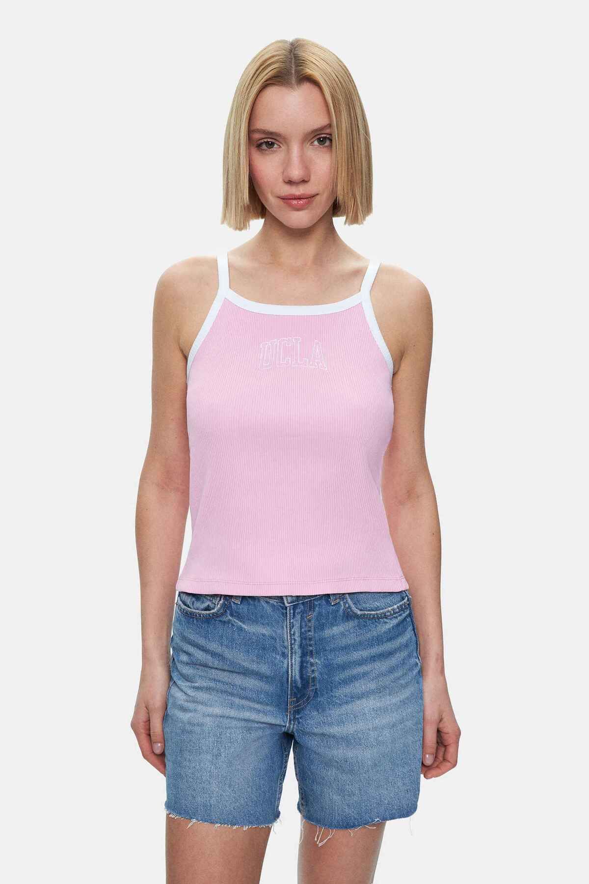 UCLA Açık Pembe Askılı Nakışlı Standard Fit Kadın Crop
