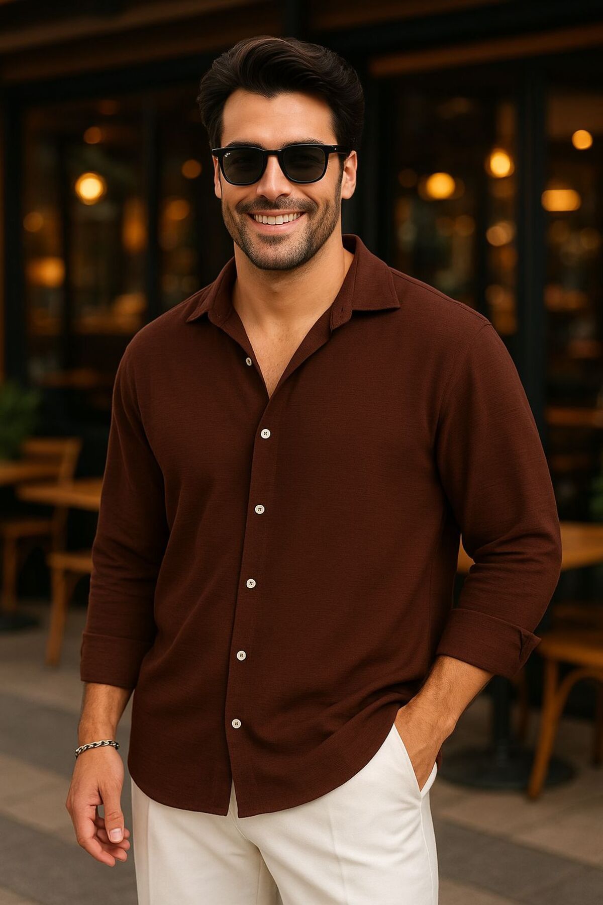EKZMODA Erkek Kahverengi Keten Dokulu Oversize Bol Kalıp Aerobin Erkek Gömlek