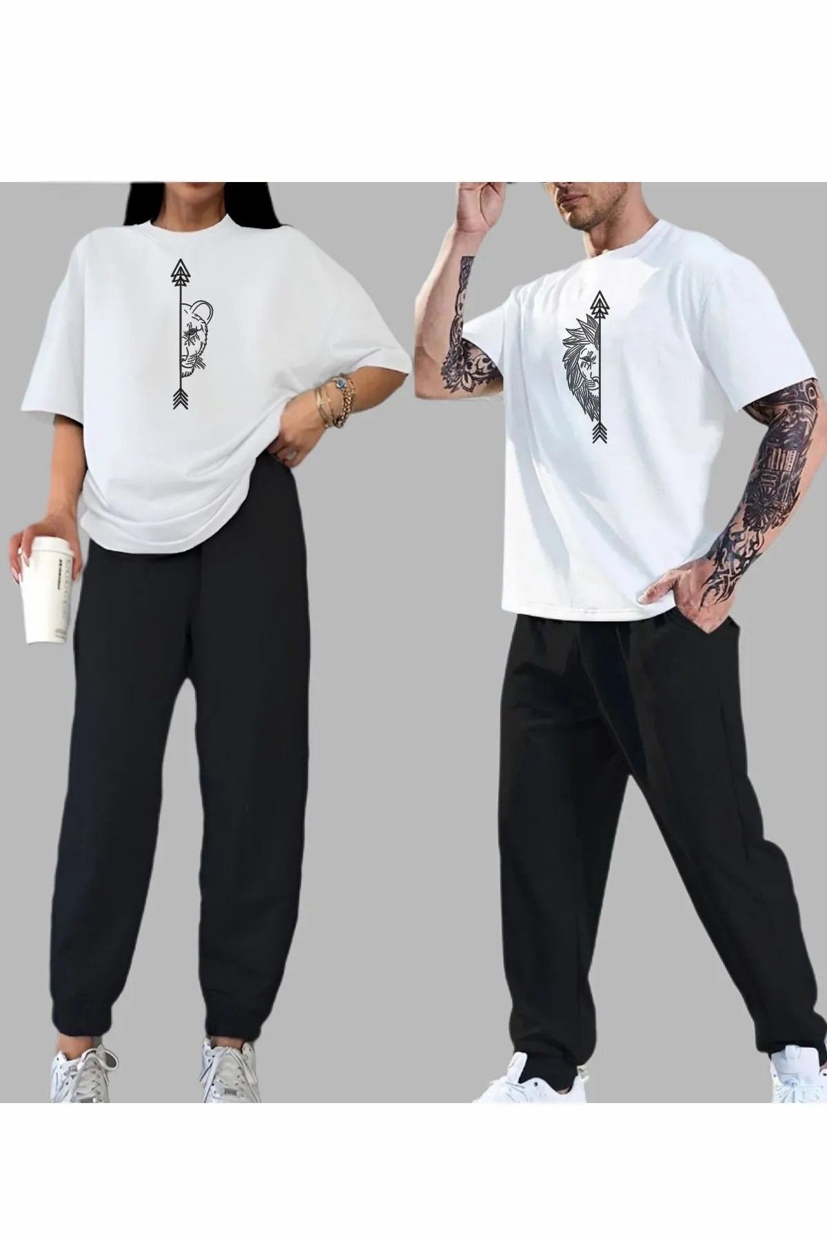 DESCARTES Pamuklu Penye Likralı Kadın Erkek Unisex Sevgili Eş Çift Kombini Tişört ve Eşofman Takımı